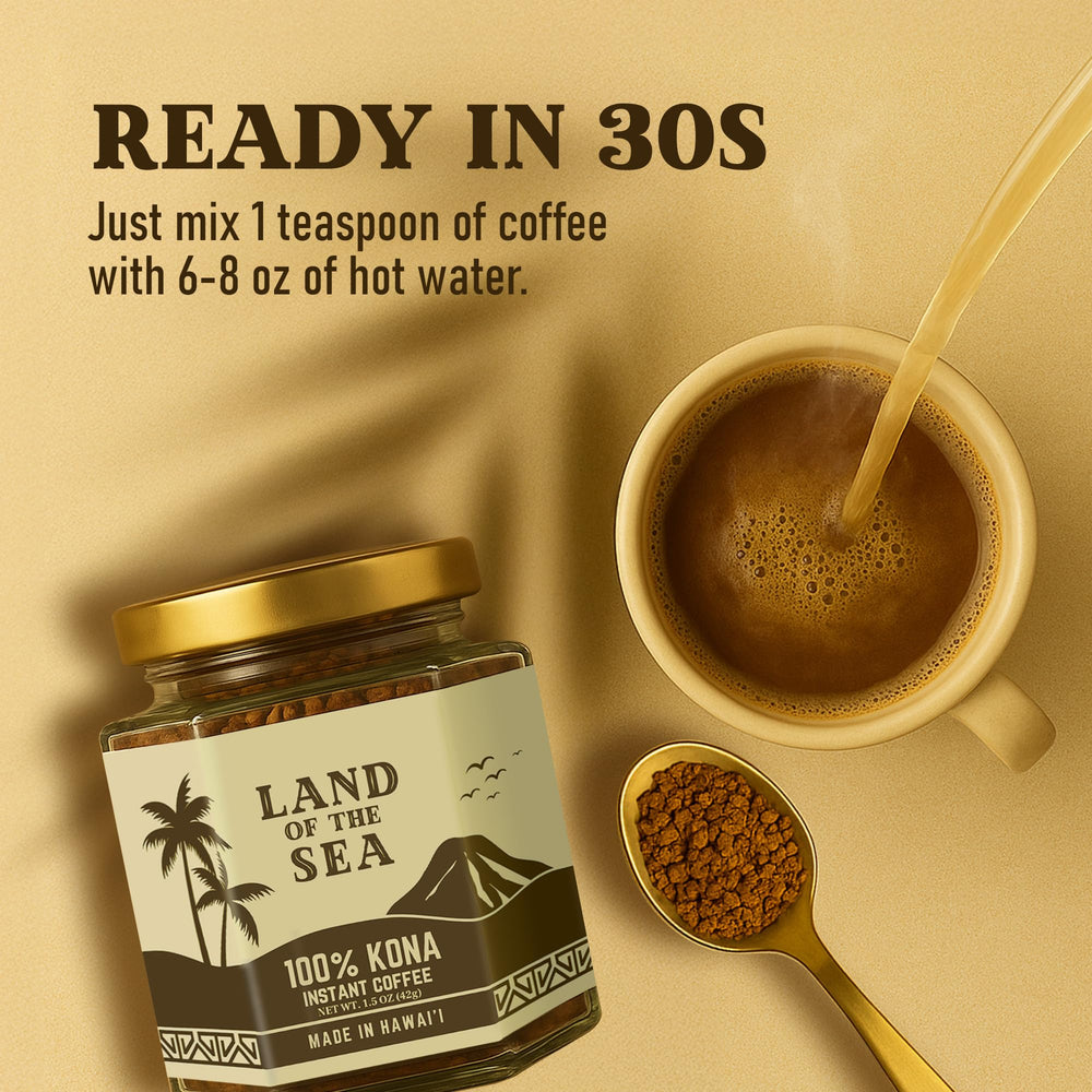 Steaming cup of Land of the Sea Kona Instant with smooth, low-acid flavor.