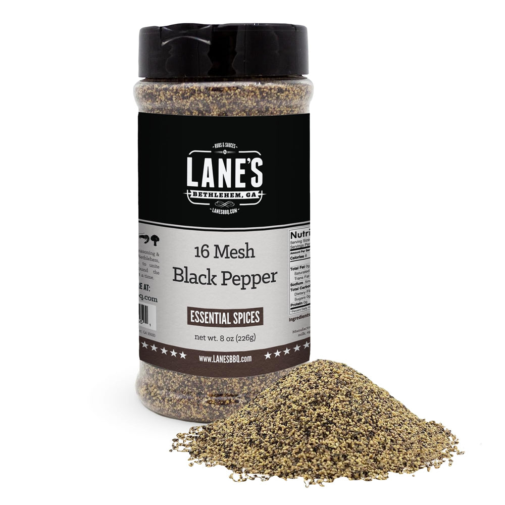 Lane's 16-mesh coarse black pepper bottle for even heat and flavor.