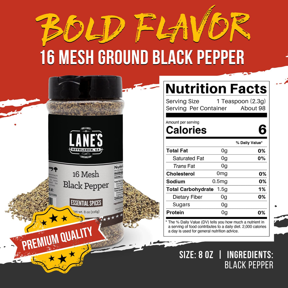 Lane's coarse pepper crystals boost crusts on steaks.