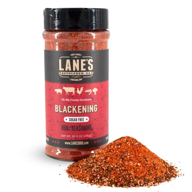 Lane's Blackening Rub 10-oz tin ready to season seafood with bold Cajun flavor.