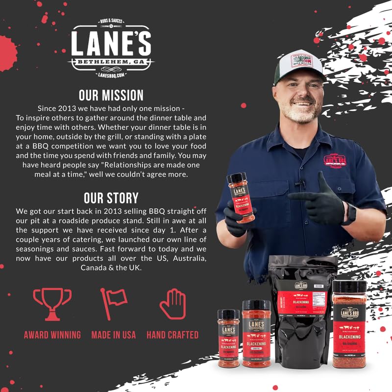 Lane's Blackening Rub packaging display inspires flavorful cooking at home.