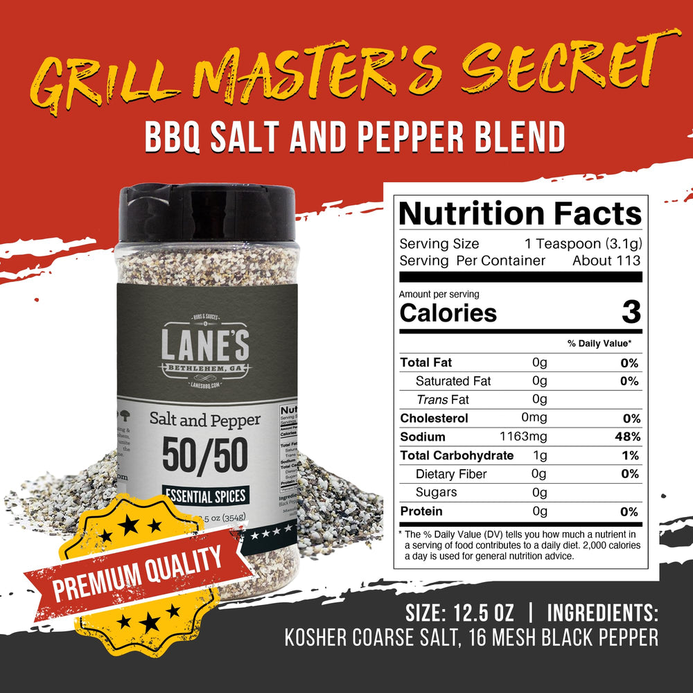 Lane's coarse salt and pepper grind for even flavor distribution.