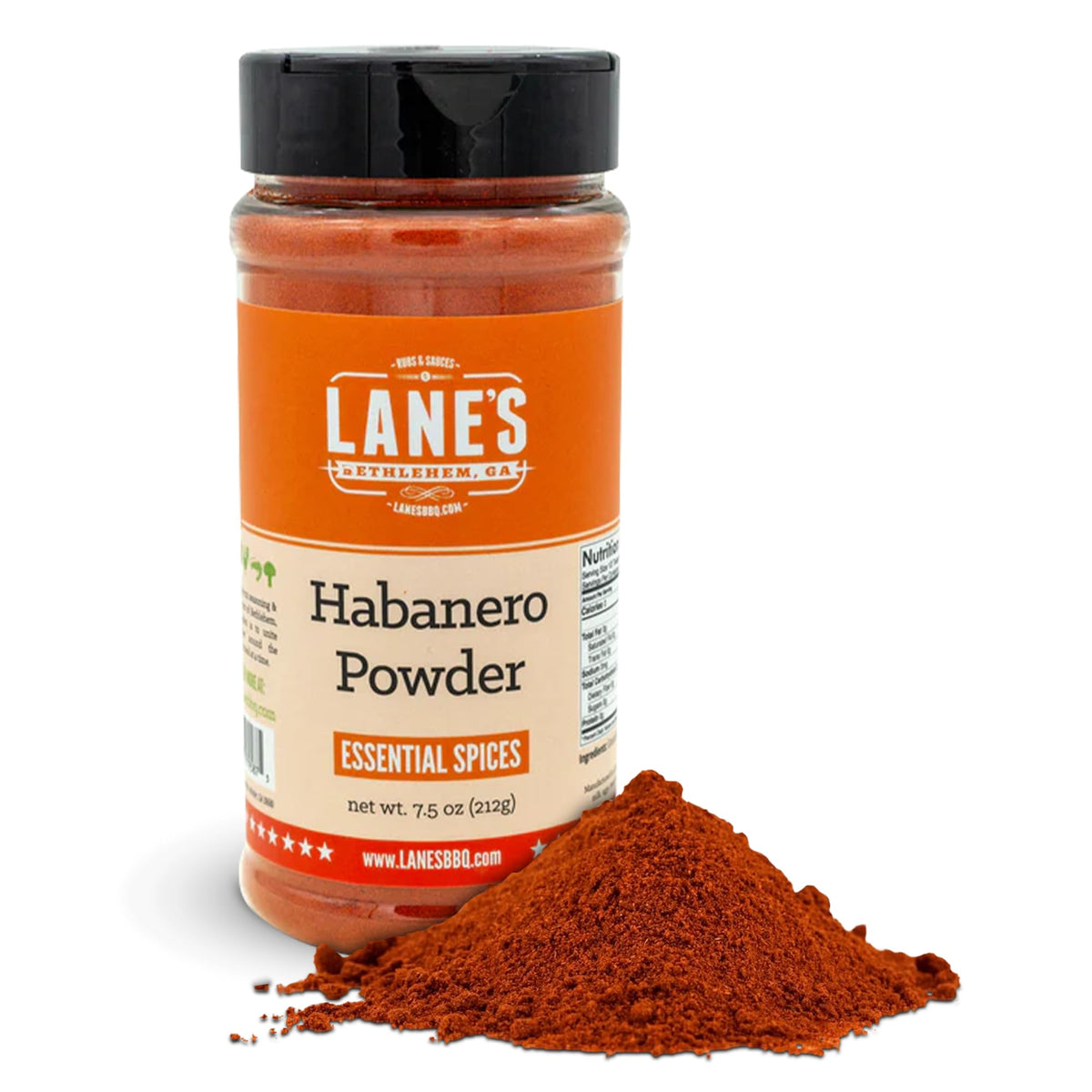 Lane’s Habanero Powder bottle shows bold heat for rubs.