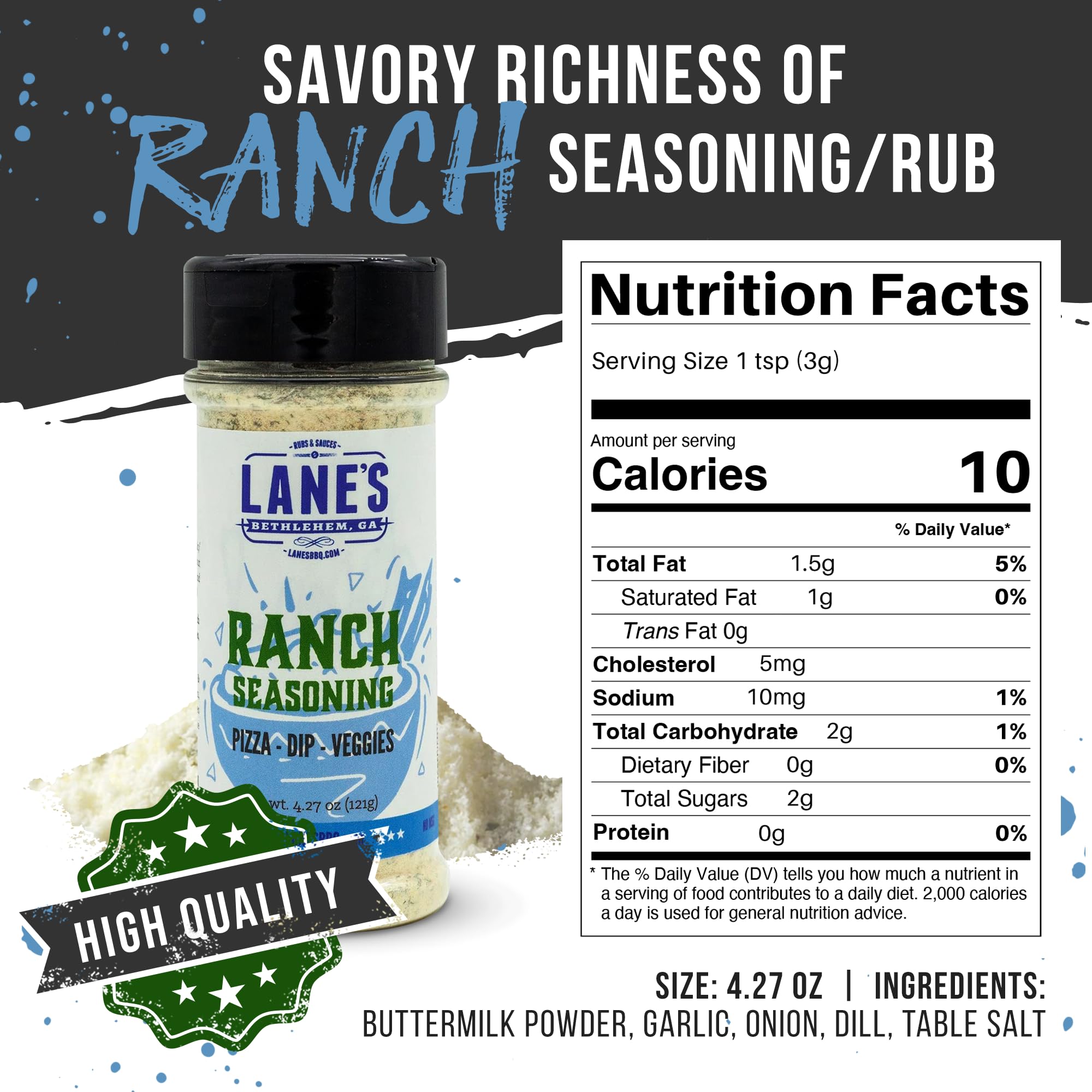 Lane's Ranch Seasoning Powder shaker on shelf ready to flavor snacks.
