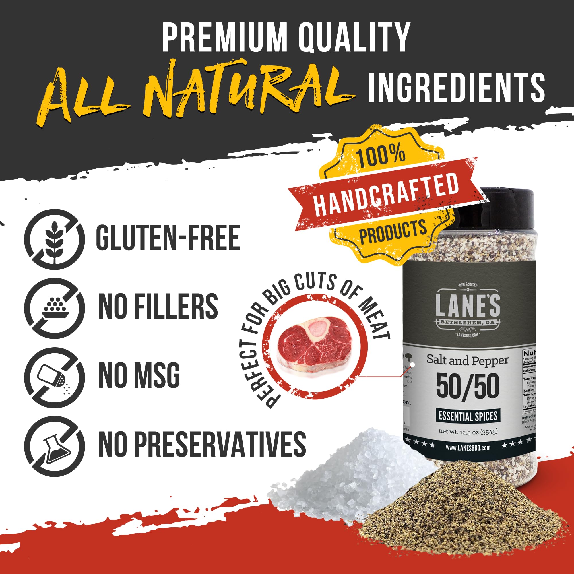 Lane's jar close-up showing gluten-free USA-made two-ingredient blend.