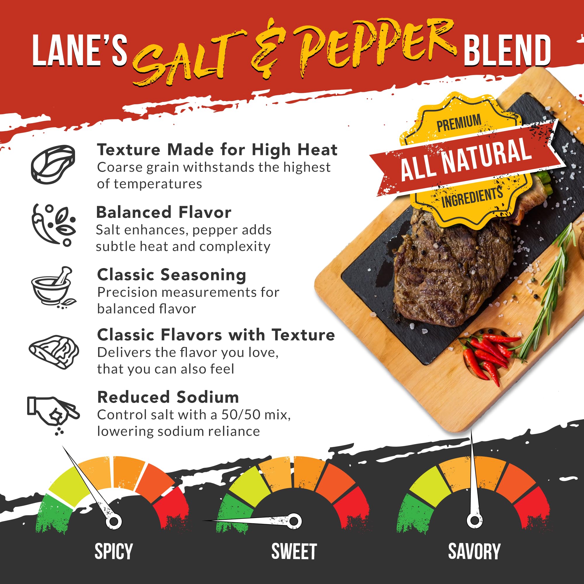 Lane's salt and pepper on steak forming a flavorful crust.