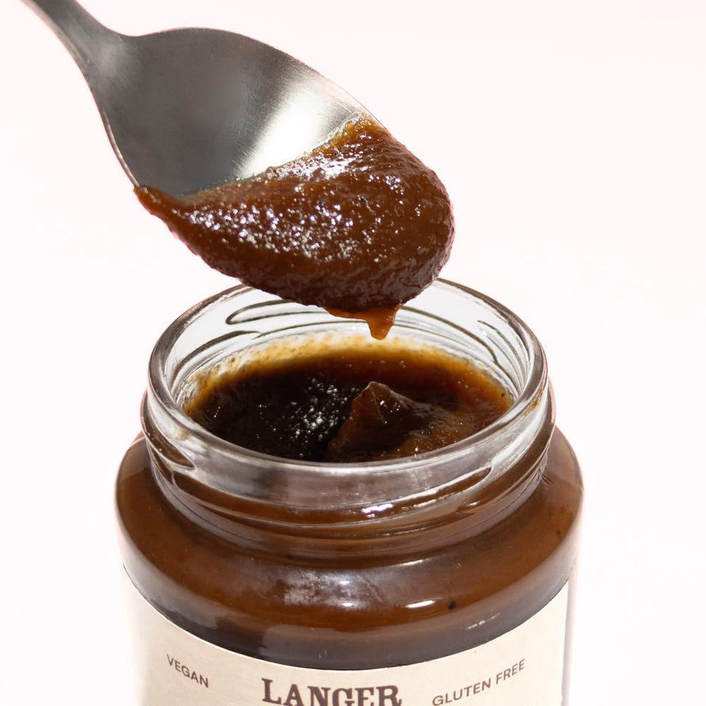 Langer Farms Apple Butter label highlights dairy-free, gluten-free notes.
