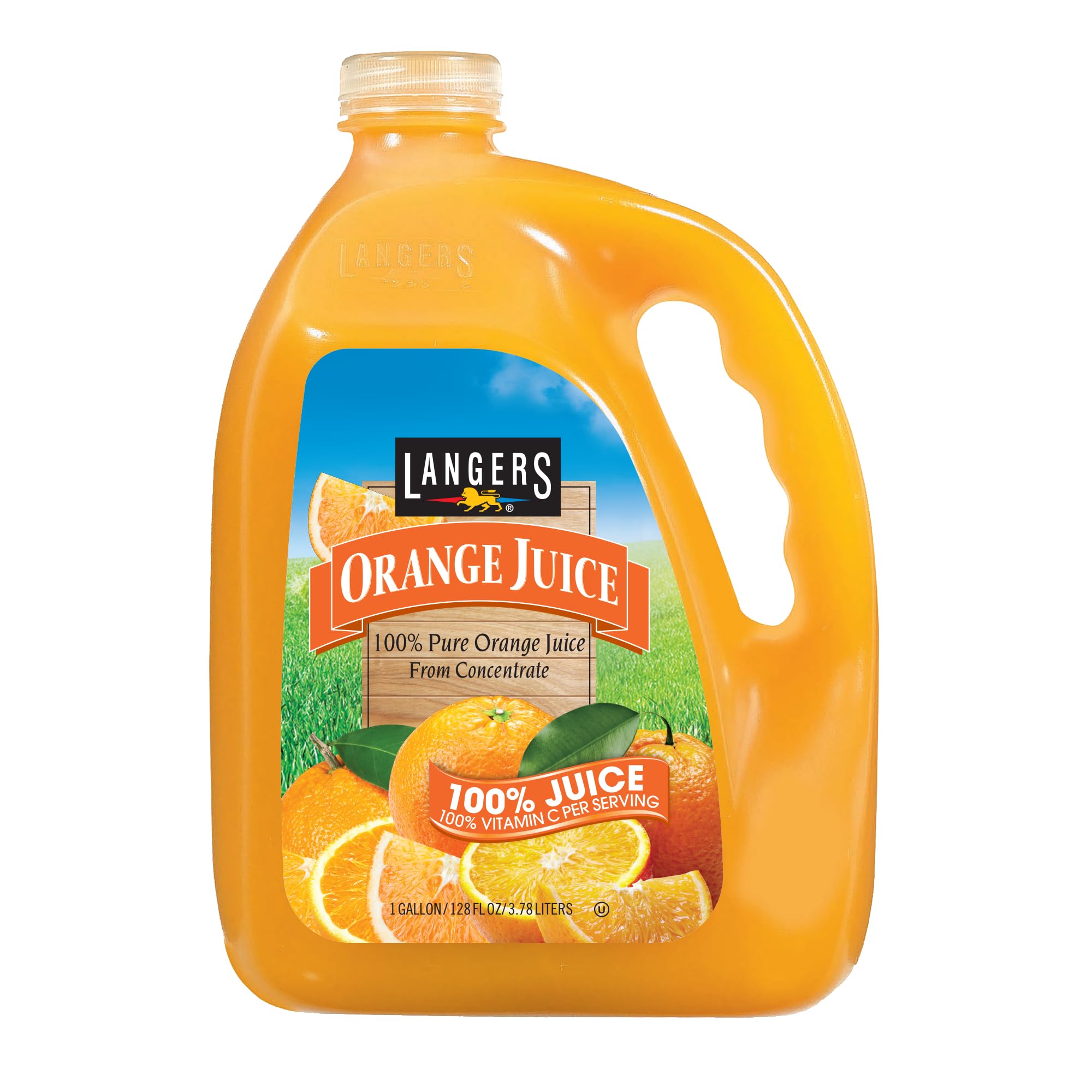 Langers 100% orange juice bottle, family-sized 128 oz for quick breakfasts.