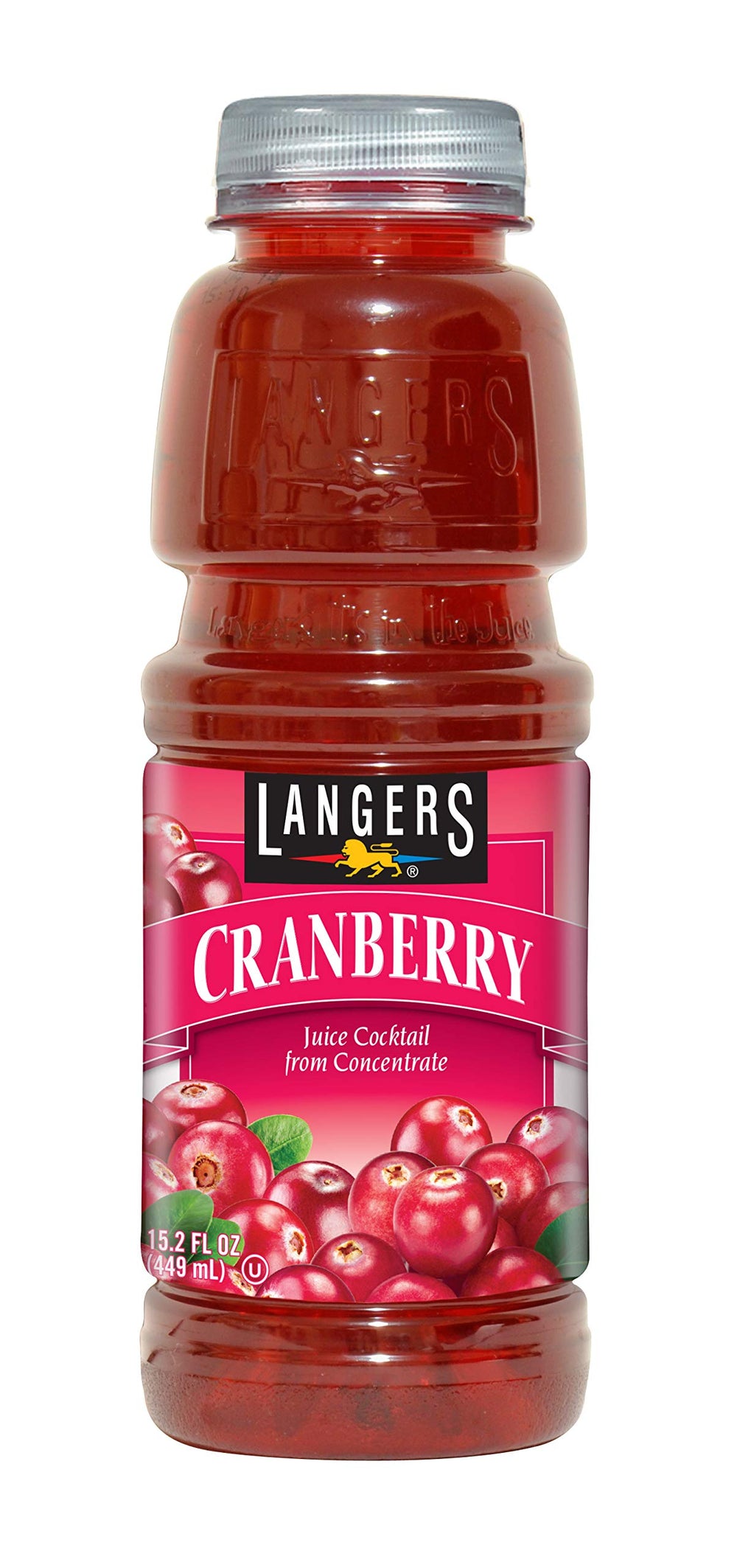 Langers Cranberry Juice Cocktail bottle, ideal for refreshing beverages.