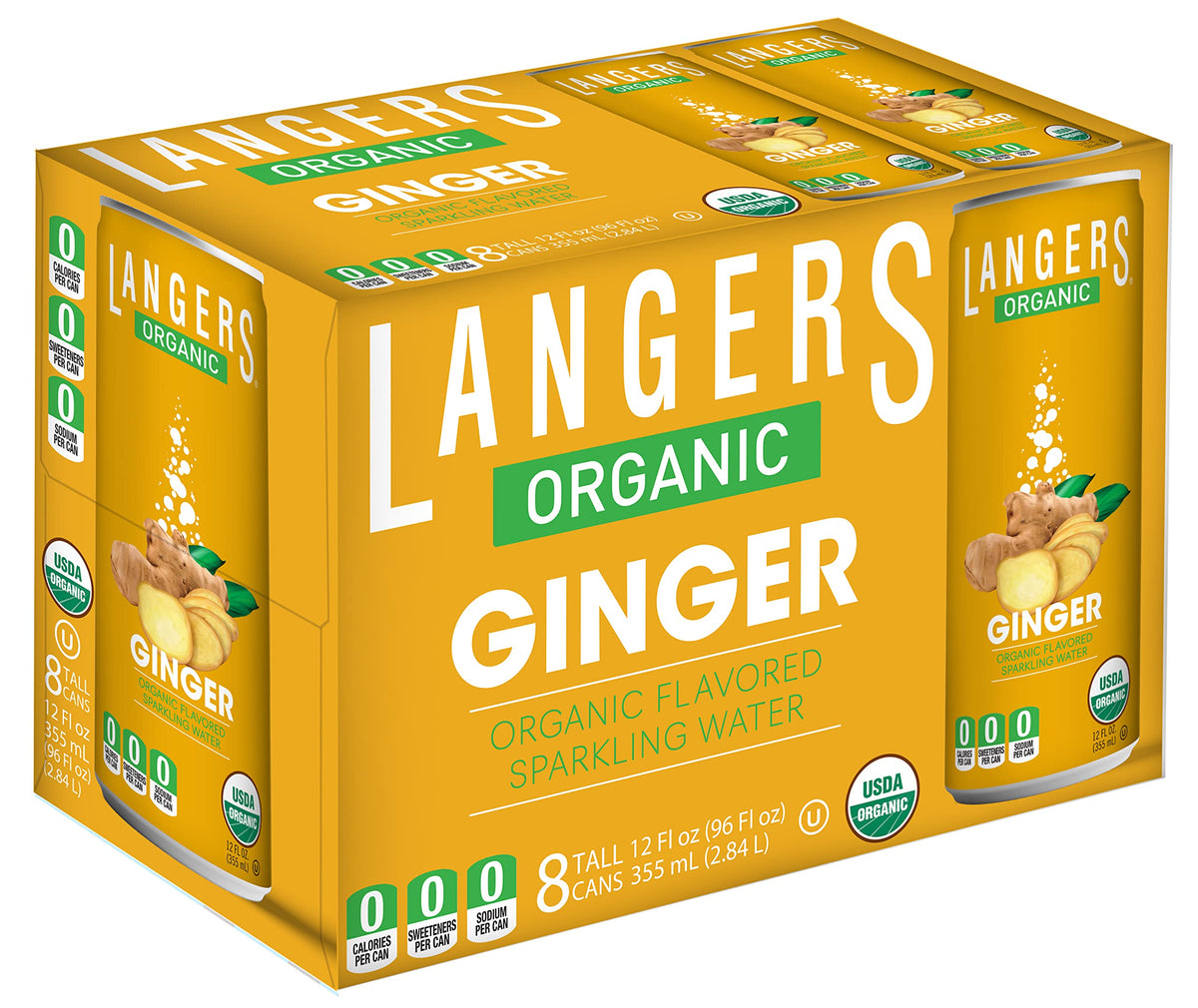 Langers Ginger sparkling water bottle being poured for zero-calorie refreshment.