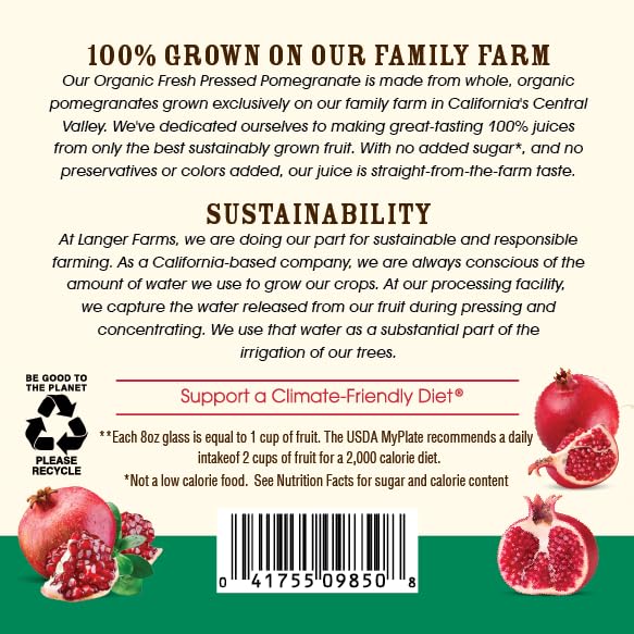Langers Langer Farms label close-up—organic and GMO-free juice on the shelf.