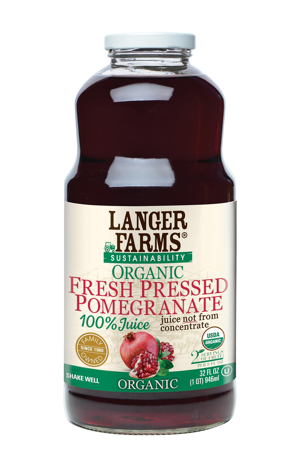 Langers Langer Farms Organic Pomegranate Juice bottle—rich flavor, 100% juice.