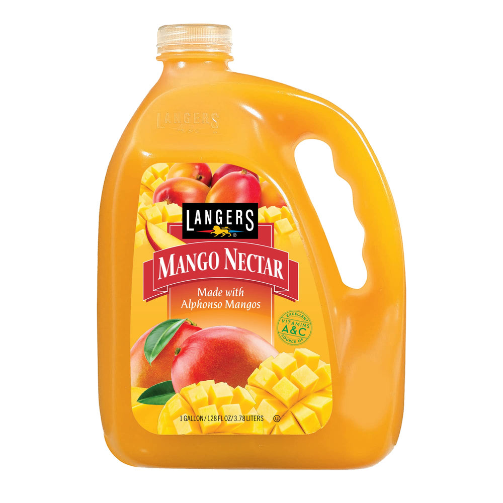 Langers Mango Nectar bottle front view with BPA-free packaging and vitamin content.