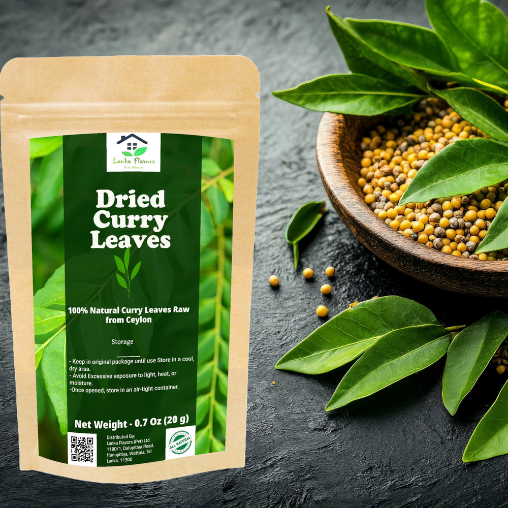 Lanka Flavors Dried Curry Leaves packaging shown with spices for convenient storage.