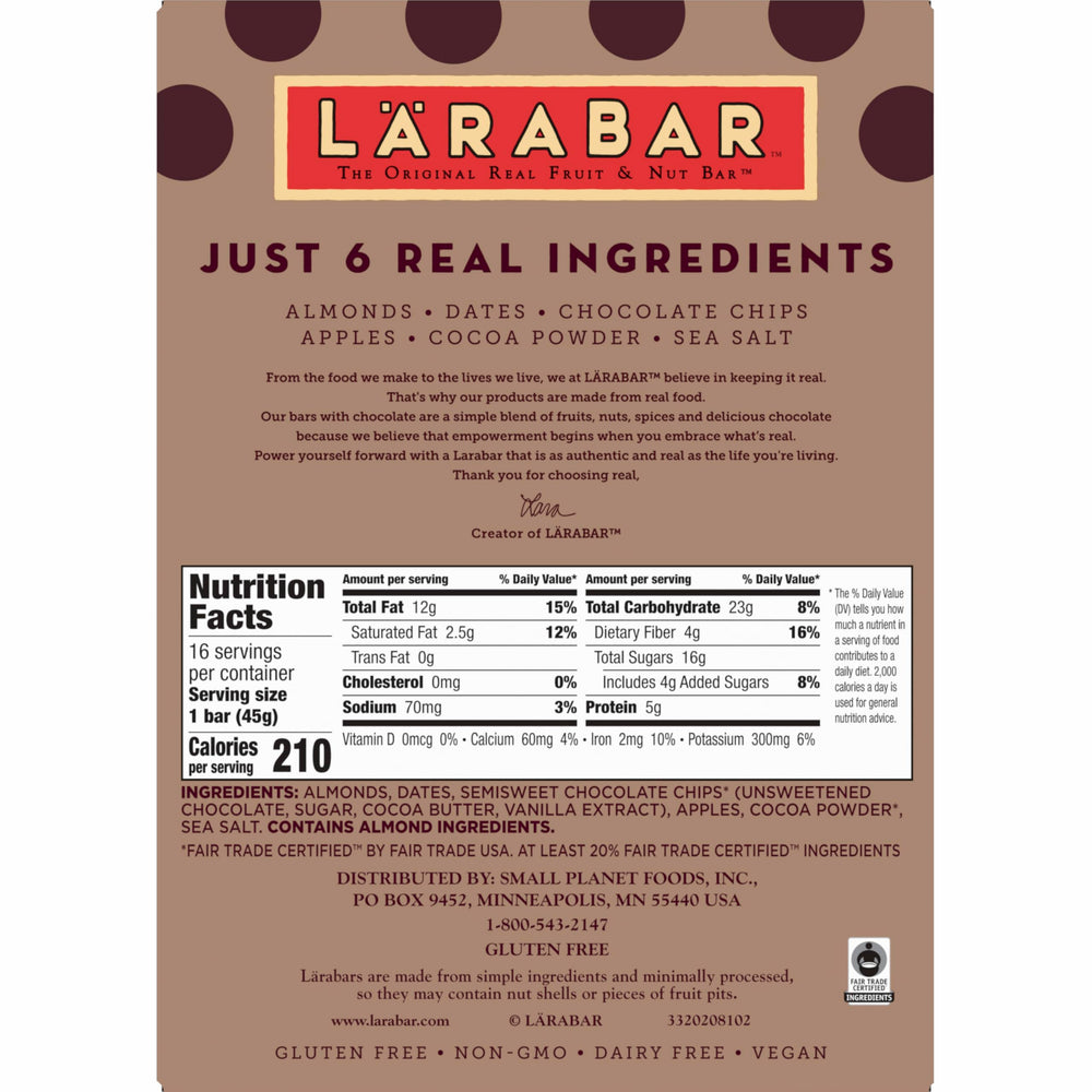 LÄRABAR almond butter chocolate chip serves as a good source of fiber.