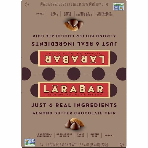 LÄRABAR almond butter chocolate chip on breakfast setup with fruit and oats.