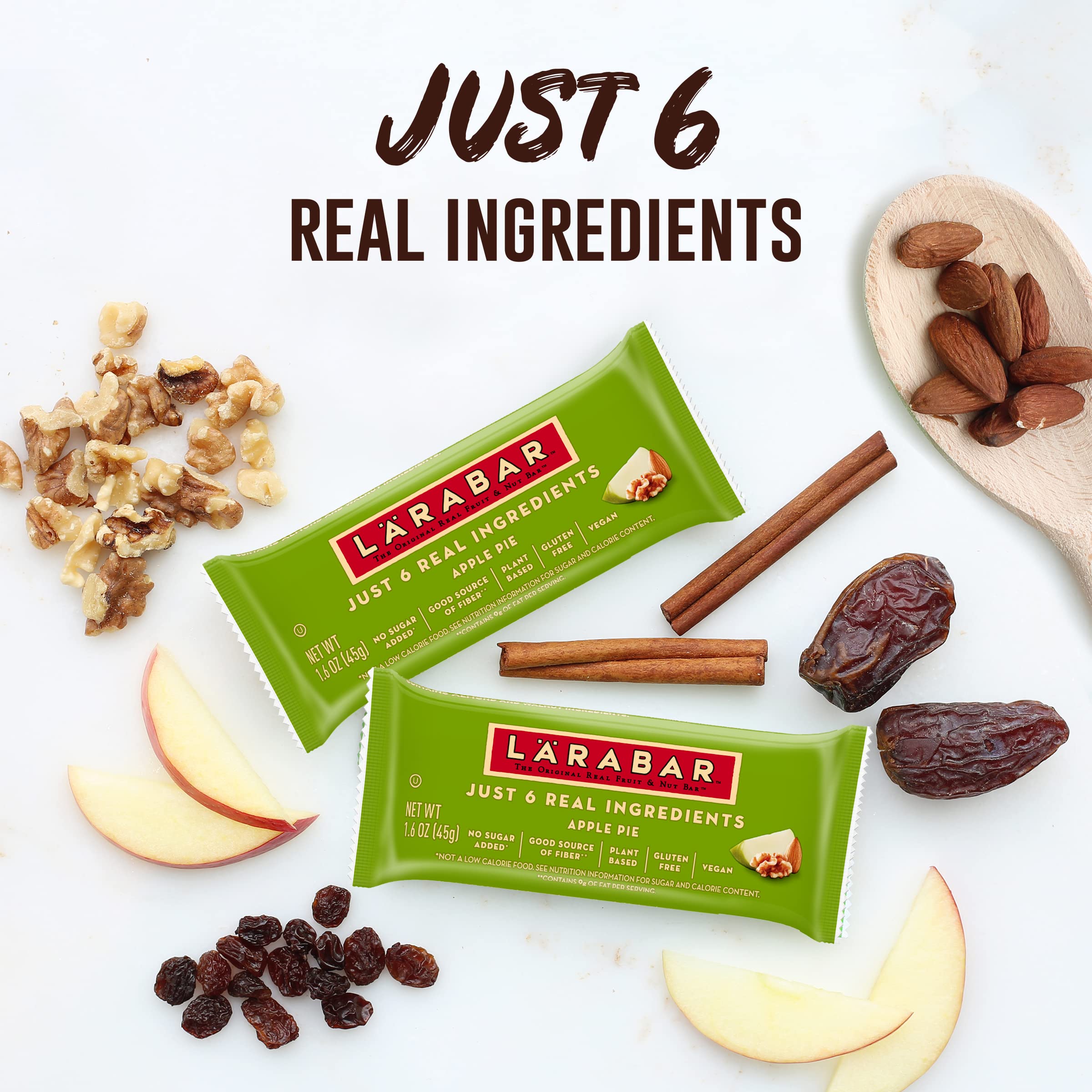 LÄRABAR Apple Pie bar ingredients close-up shows dates and nuts for a natural energy option.
