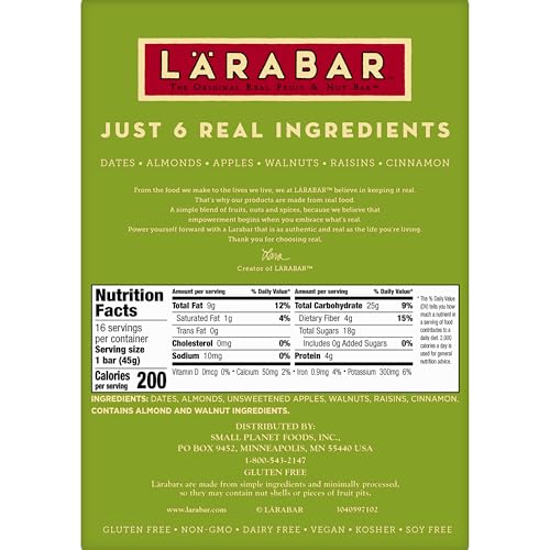LÄRABAR Apple Pie bar vegan and gluten-free label displayed for inclusive snacking.