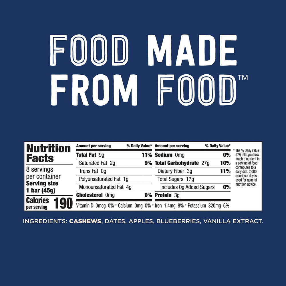 LÄRABAR Blueberry Muffin packaging highlighting gluten-free, vegan bars for grab-and-go convenience.