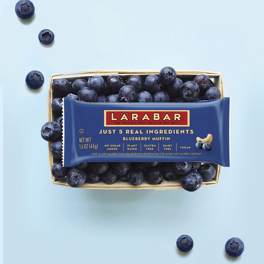 LÄRABAR Blueberry Muffin box 12-count packaging for pantry or travel.
