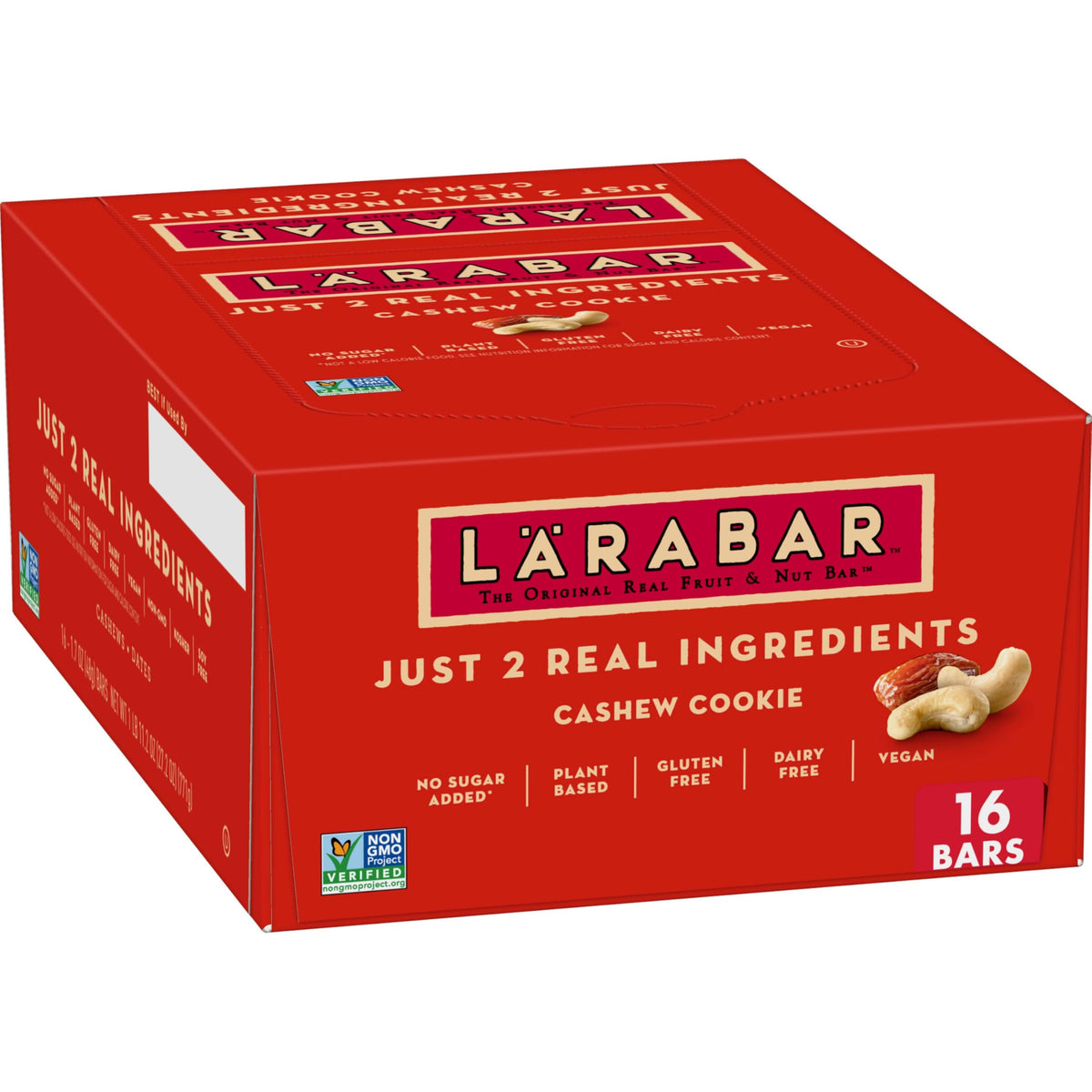 LÄRABAR Cashew Cookie bar on display front emphasizing simple ingredients and gluten-free vegan appeal