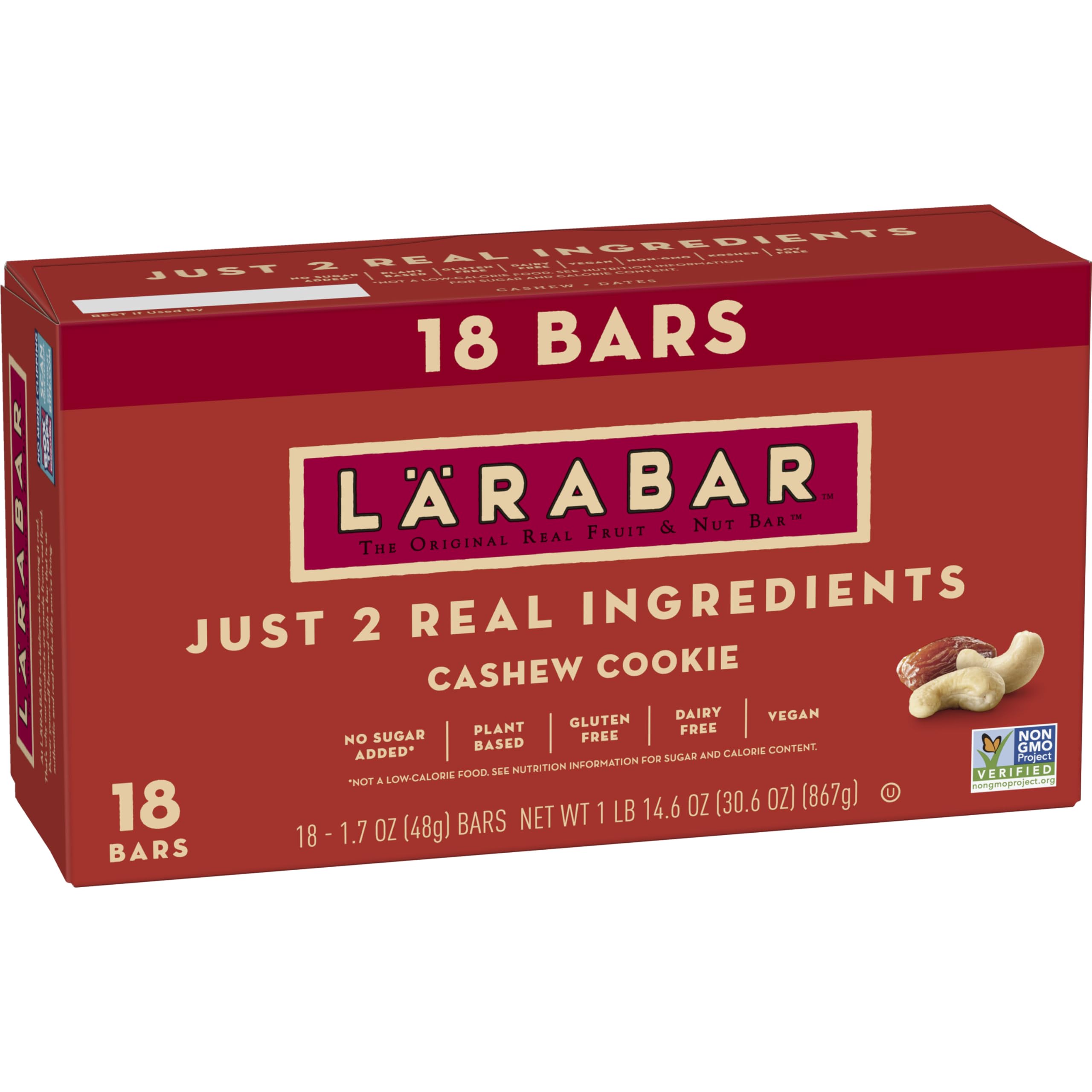 LÄRABAR Cashew Cookie bar front view, a simple, plant-based snack for on-the-go energy.