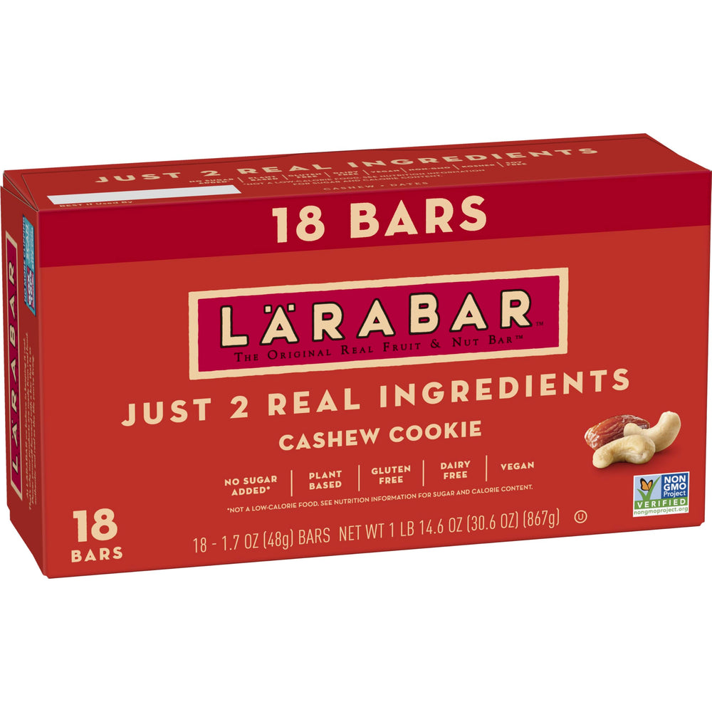 LÄRABAR Cashew Cookie bar front view, a simple, plant-based snack for on-the-go energy.