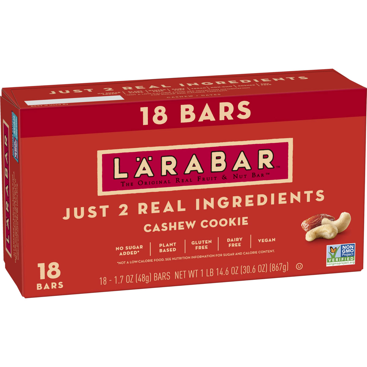 LÄRABAR Cashew Cookie bar front view, a simple, plant-based snack for on-the-go energy.