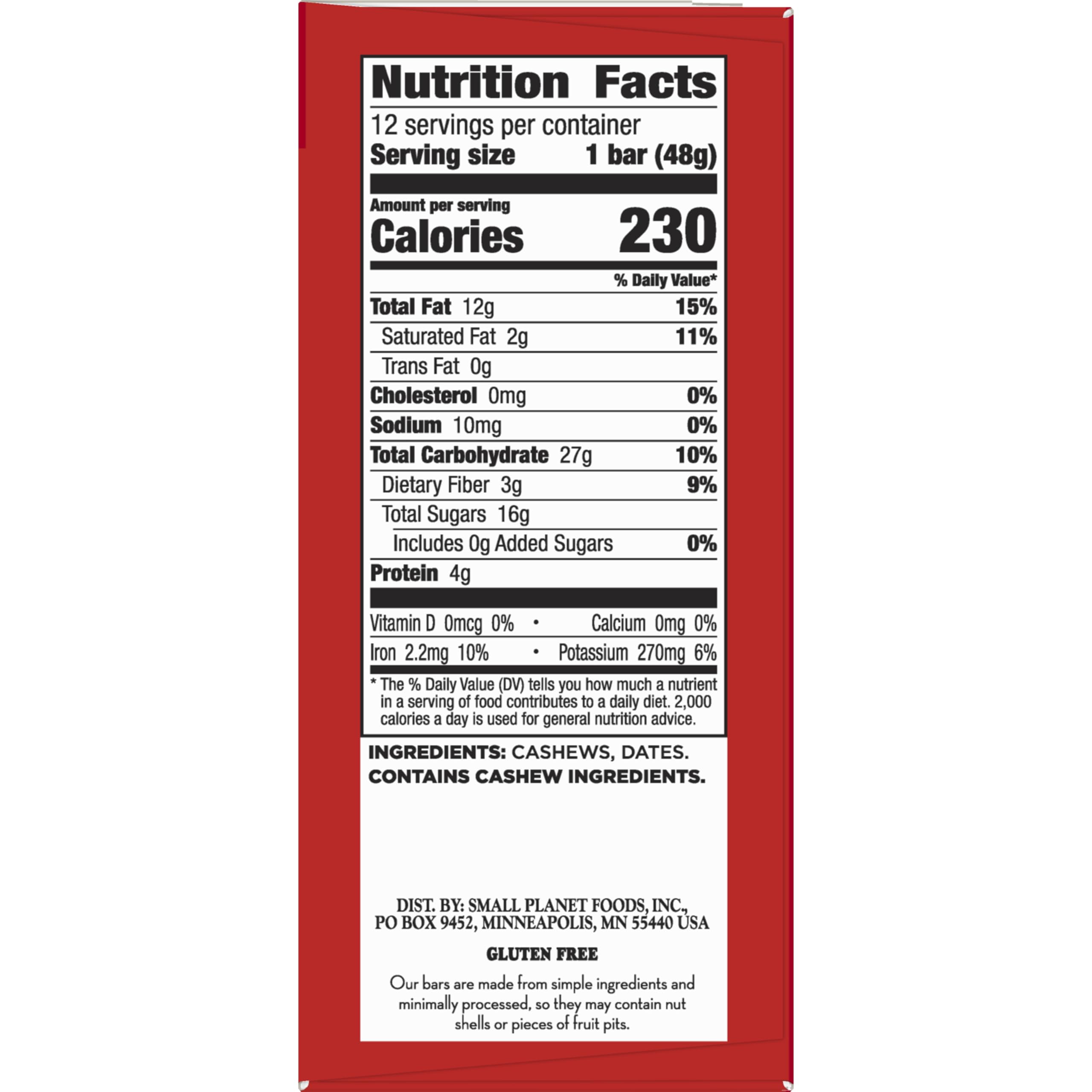 LÄRABAR Cashew Cookie ingredients panel shows cashews and dates for wholesome snacking