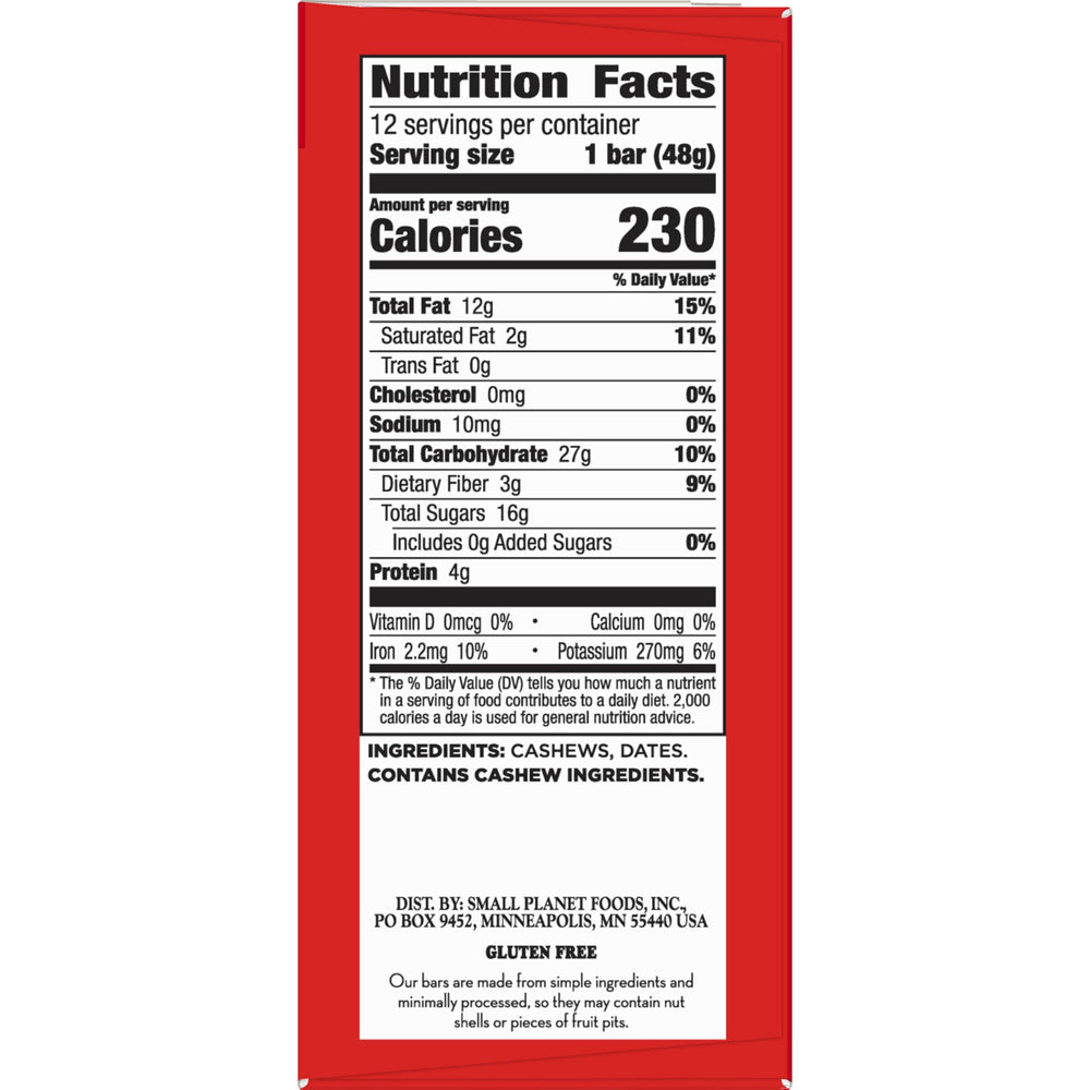 LÄRABAR Cashew Cookie ingredients panel shows cashews and dates for wholesome snacking