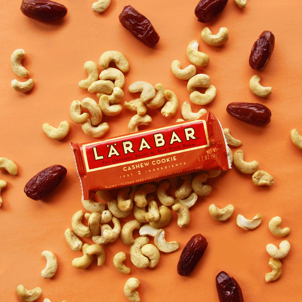 LÄRABAR Cashew Cookie close-up reveals nutty texture and natural sweetness for a quick energy boost