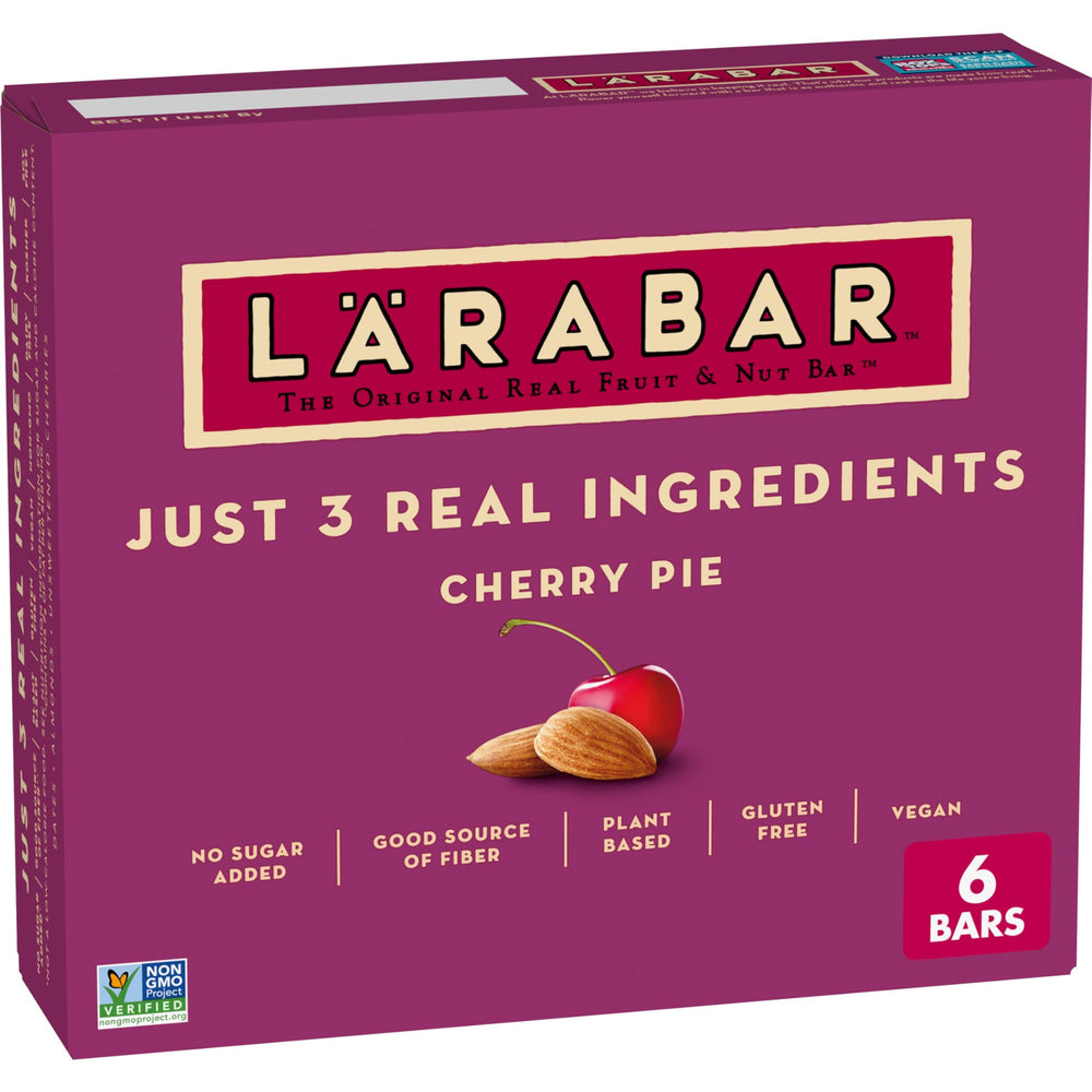 LÄRABAR Cherry Pie bar ingredient close-up showing dates, almonds, and cherries.