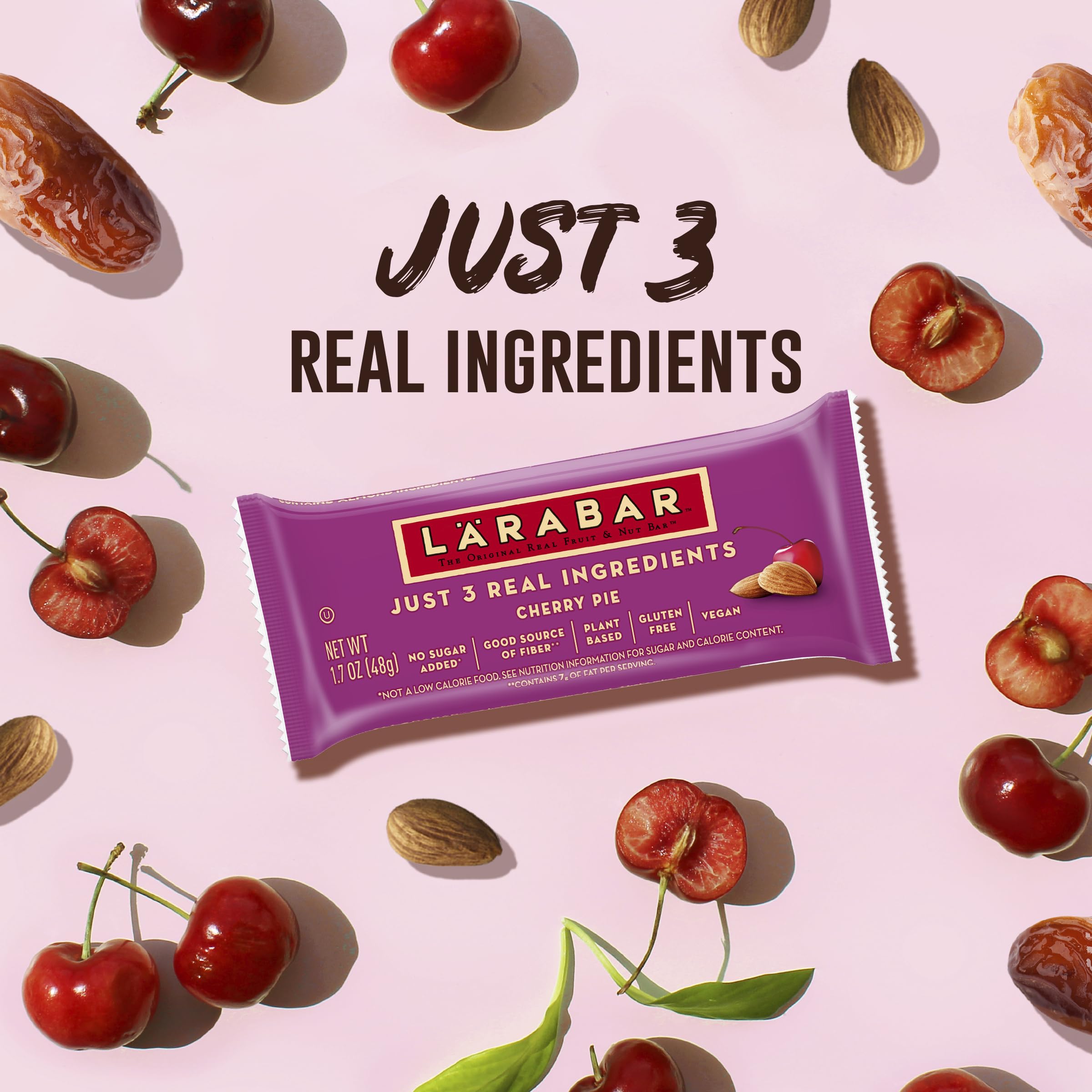 LÄRABAR Cherry Pie bar texture with almonds and cherries in focus