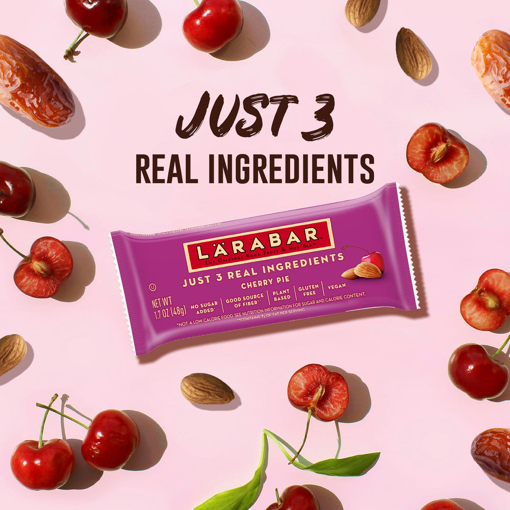 LÄRABAR Cherry Pie bar texture with almonds and cherries in focus
