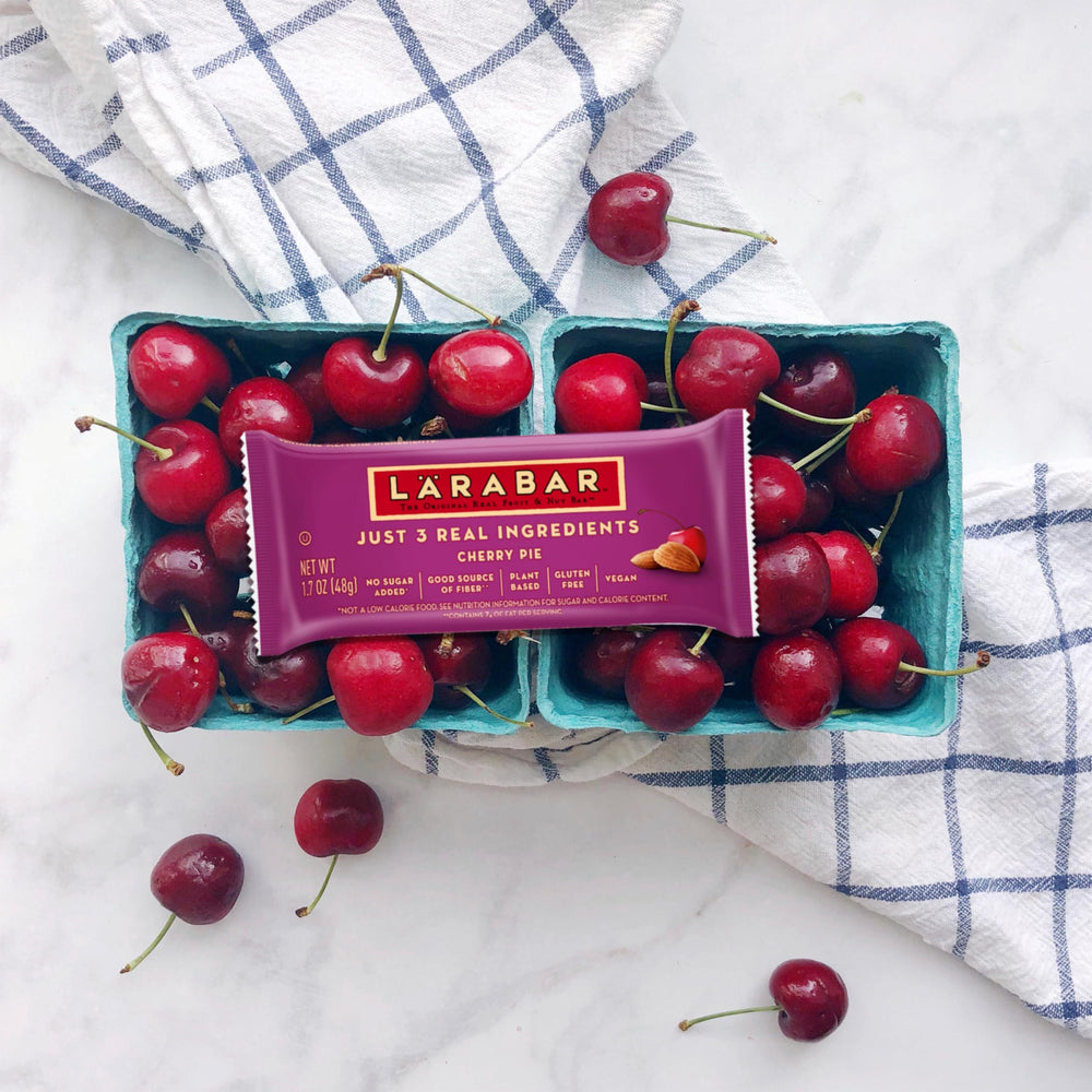 Snack-ready Larabar Cherry Pie bar for on-the-go enjoyment.