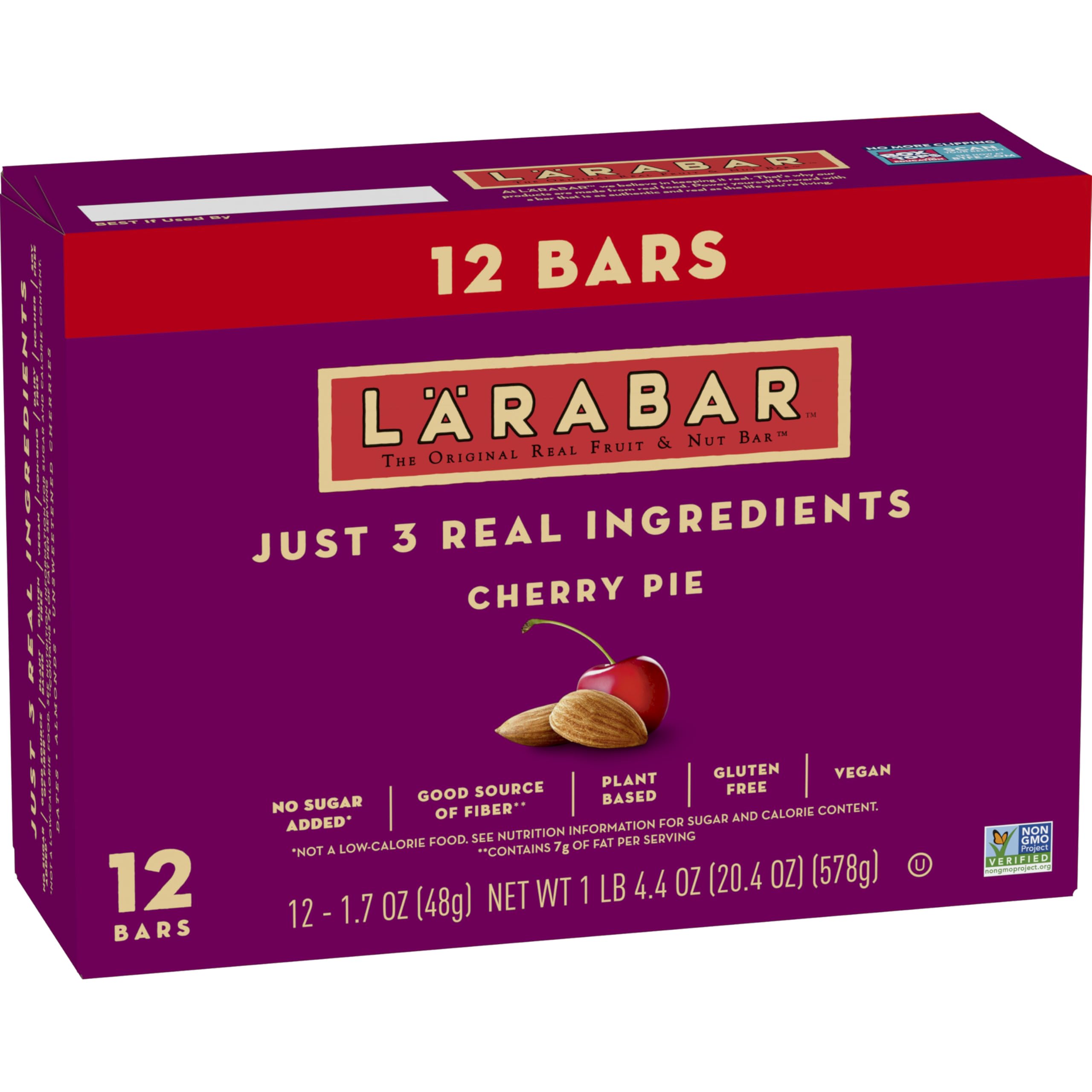 LÄRABAR Cherry Pie bars packaging highlights gluten-free vegan snack on the go