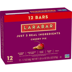 LÄRABAR Cherry Pie bars packaging highlights gluten-free vegan snack on the go