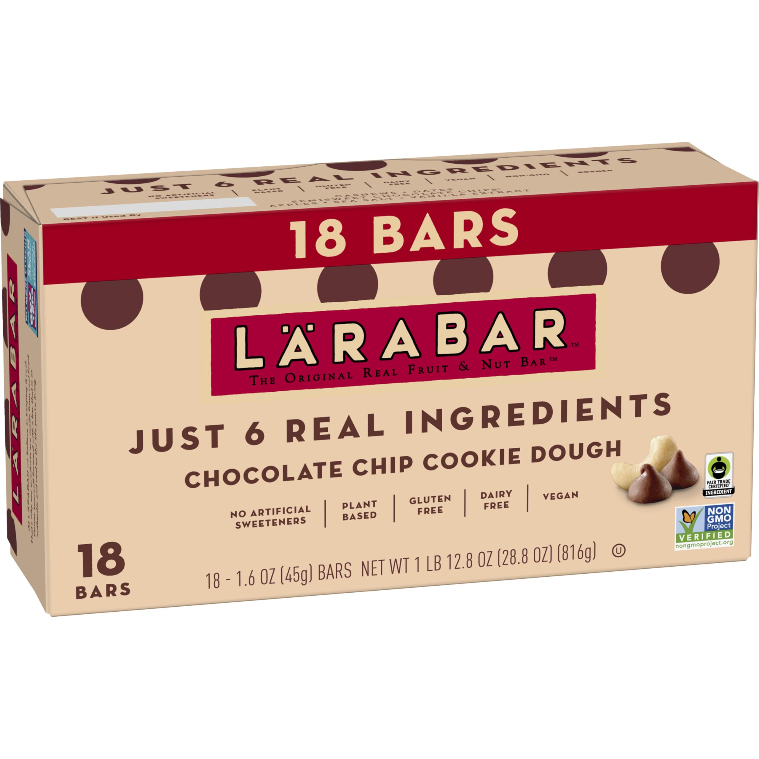 LÄRABAR chocolate chip cookie dough bar close-up highlighting simple ingredients and chewy texture