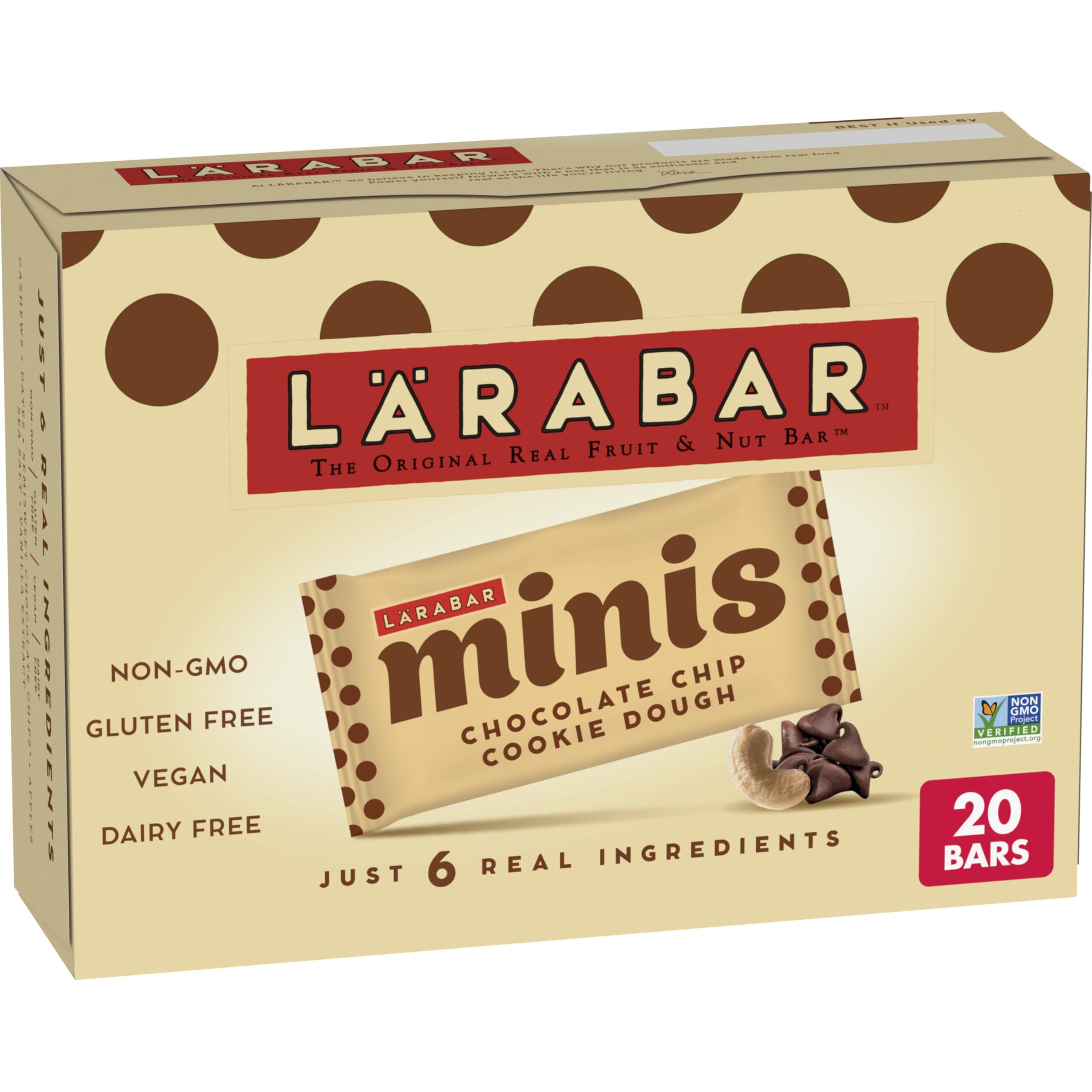 LÄRABAR Chocolate Chip Cookie Dough Mini Bars packaging, gluten-free vegan snack.