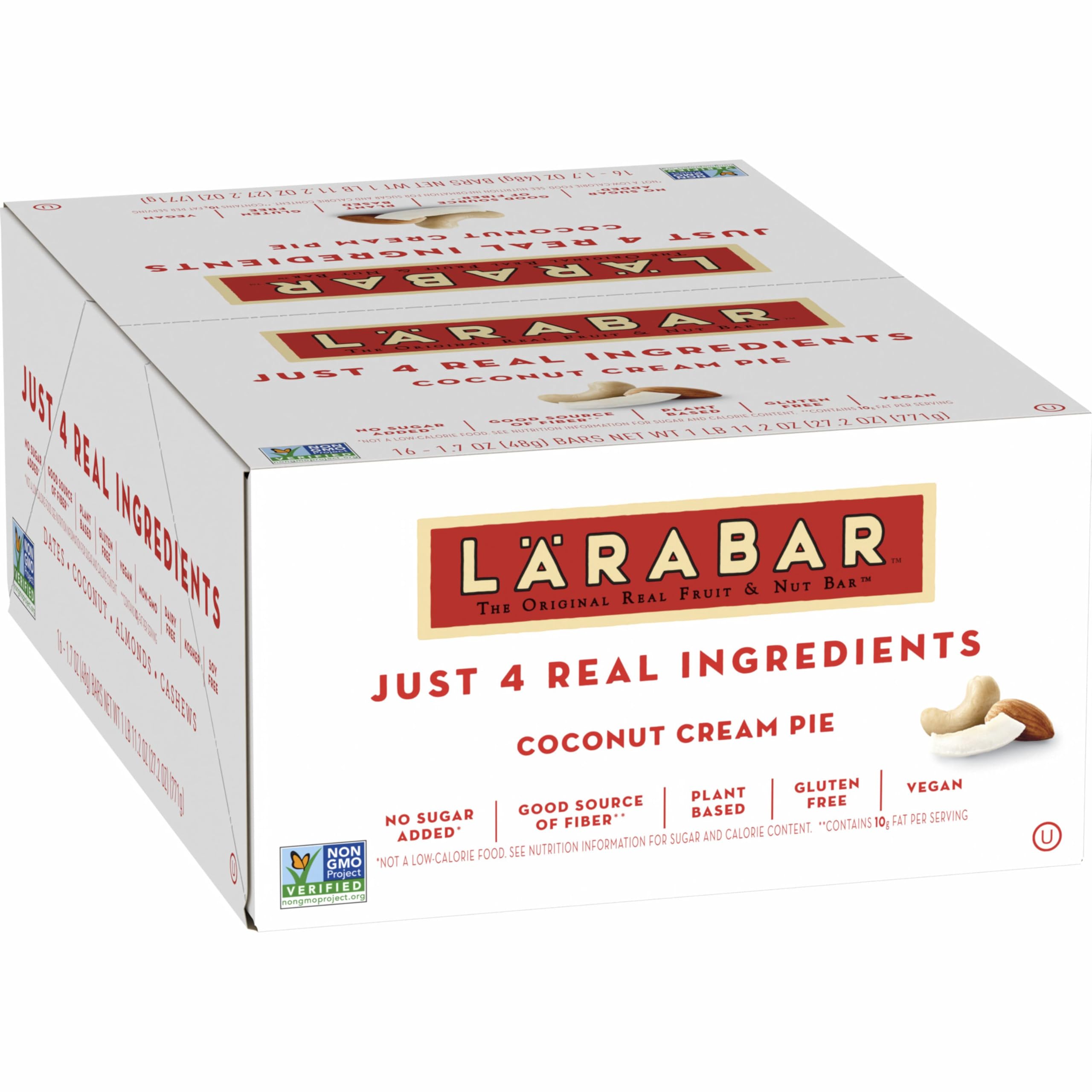 LÄRABAR Coconut Cream Pie bar packaging highlights vegan, gluten-free ingredients.