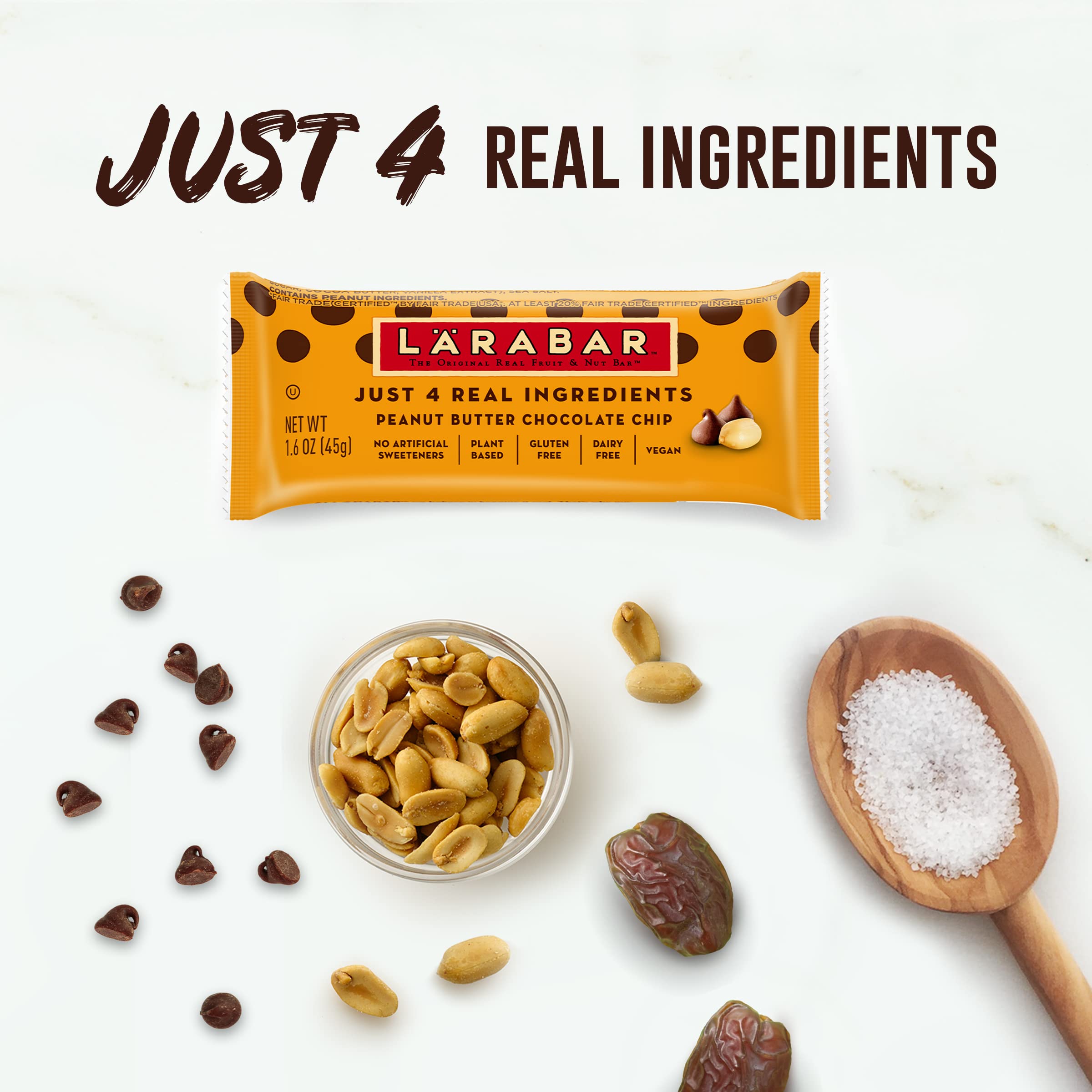 Larabar four-ingredient blend of dates, peanuts, chocolate chips, sea salt close-up.