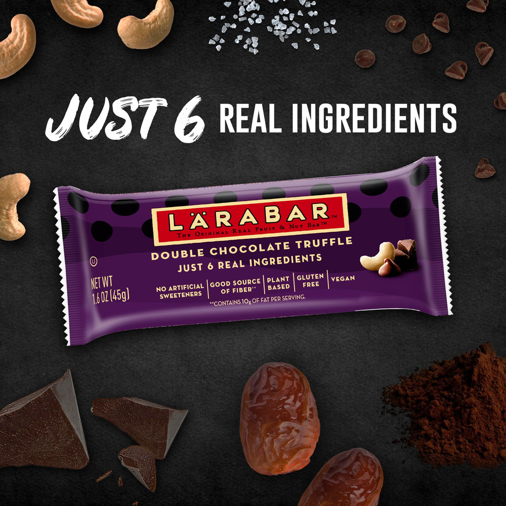 LÄRABAR Double Chocolate Truffle bar broken apart for a quick bite.