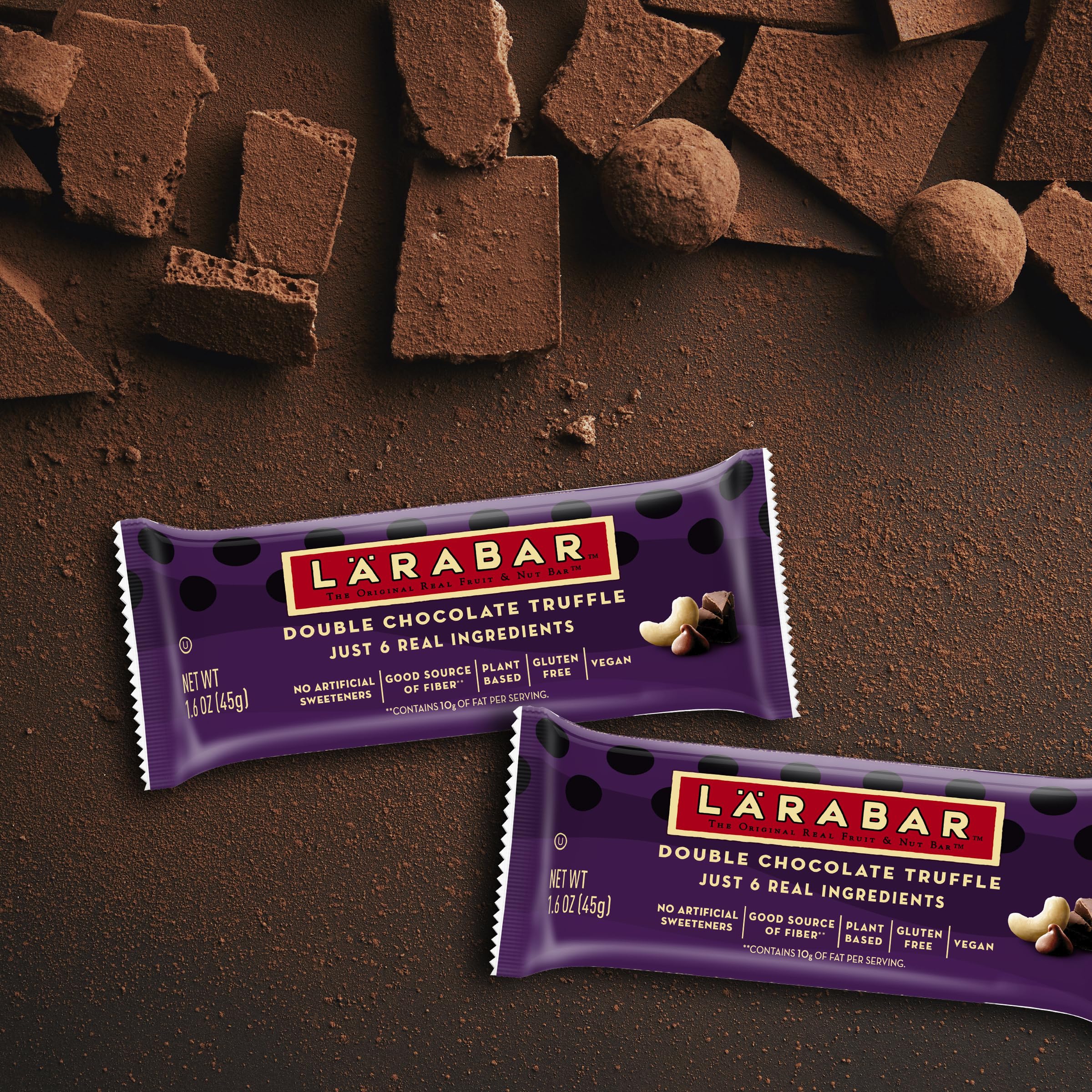 LÄRABAR Double Chocolate Truffle ingredients panel lists dates and nuts