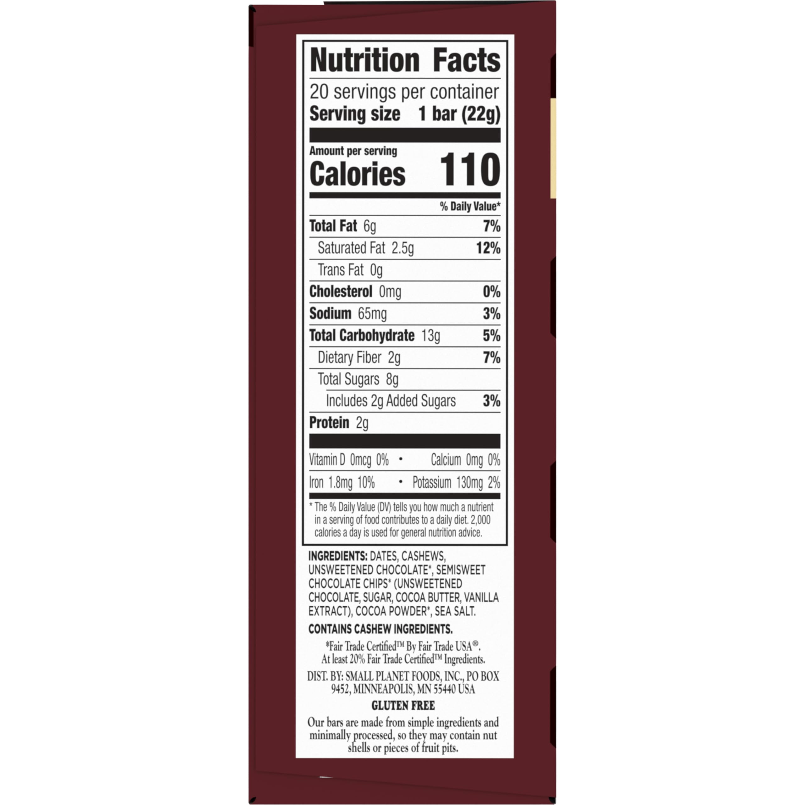 Larabar Double Dark Chocolate Mini Bars close-up, six simple ingredients.
