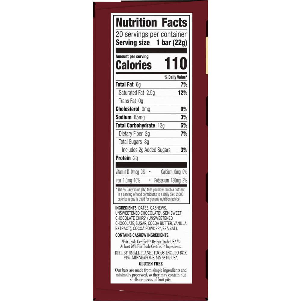 Larabar Double Dark Chocolate Mini Bars close-up, six simple ingredients.