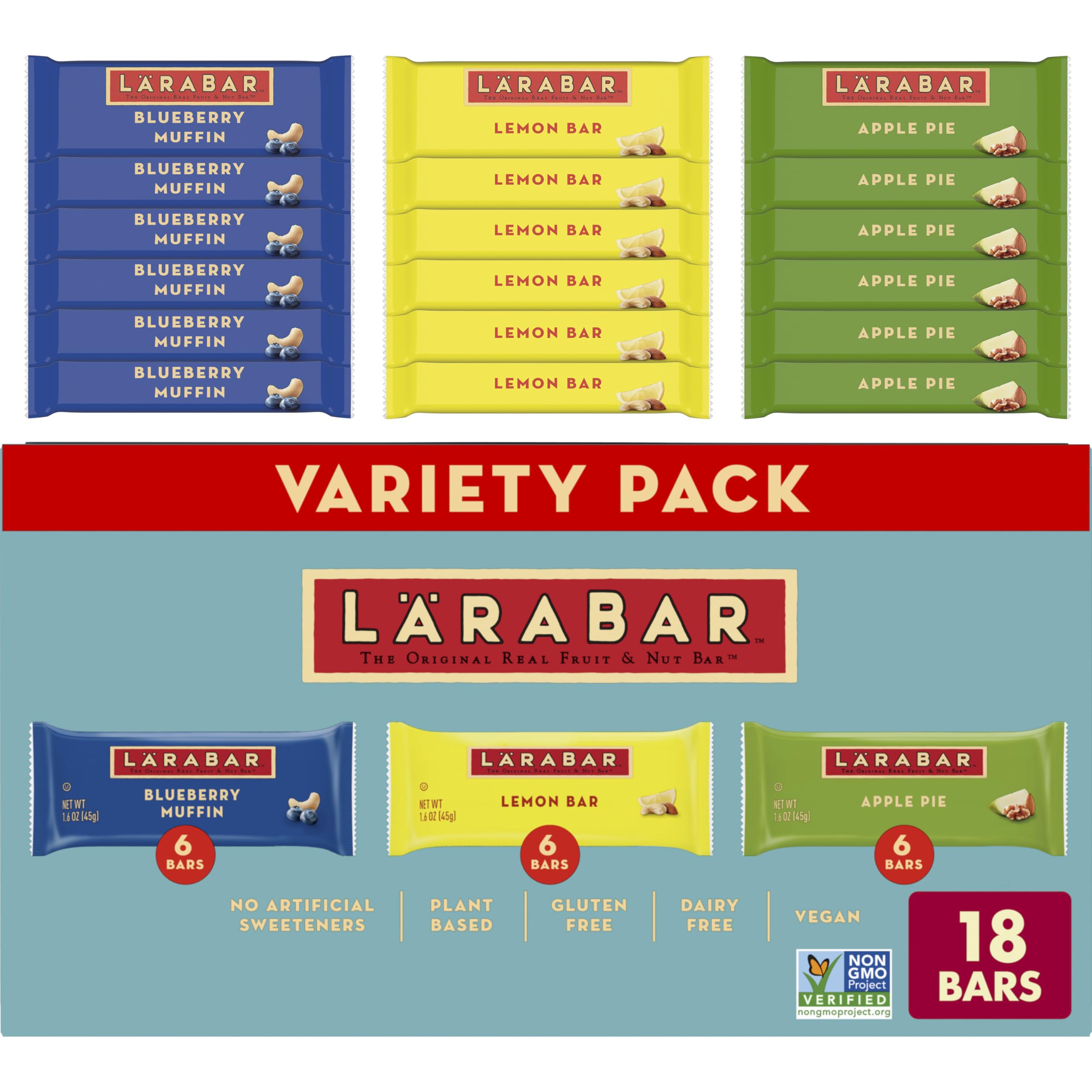 LÄRABAR 18-count variety pack on a pantry shelf for quick snacking.