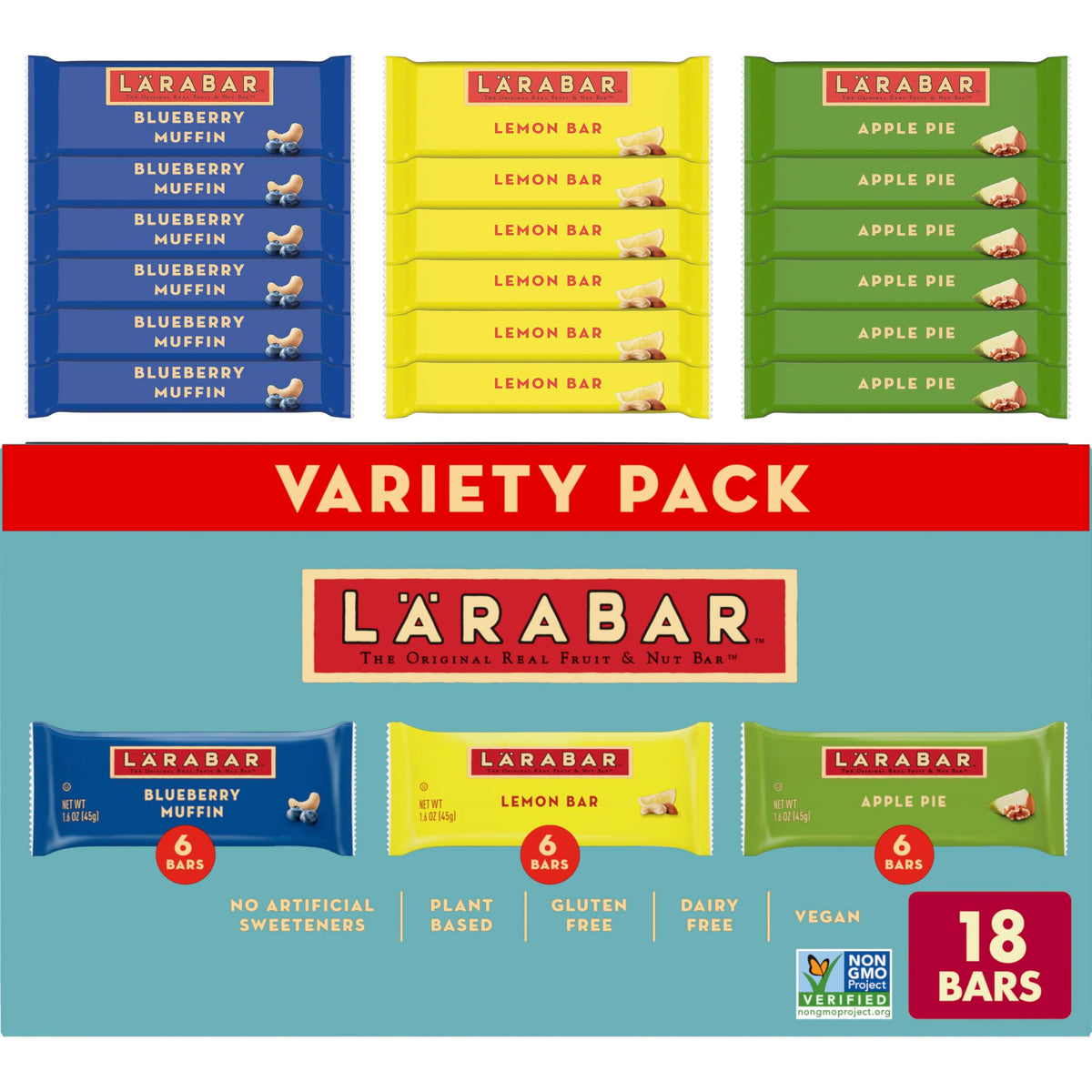 LÄRABAR 18-count variety pack on a pantry shelf for quick snacking.