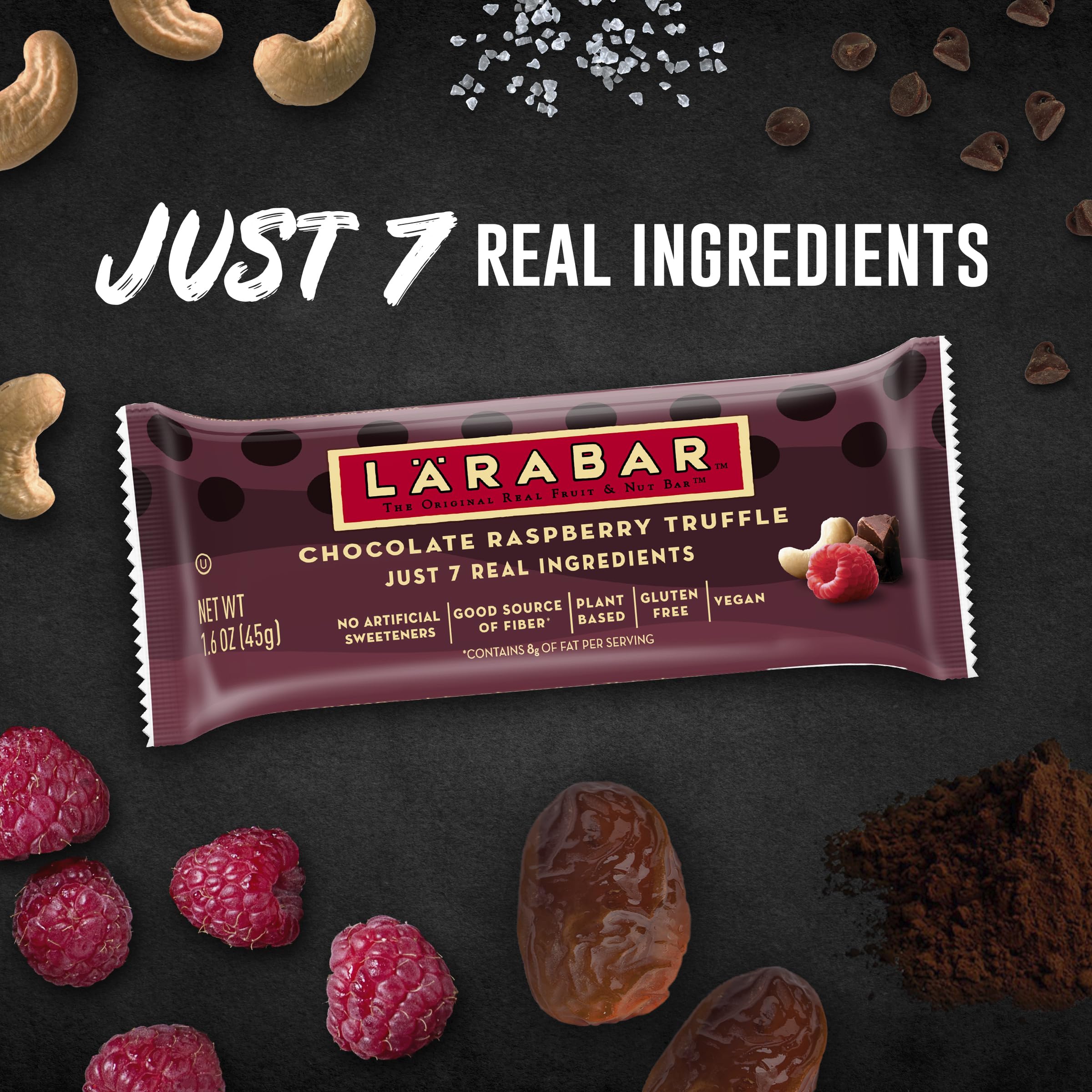 LÄRABAR ingredients close-up: dates, cashews, raspberries in a simple bar.