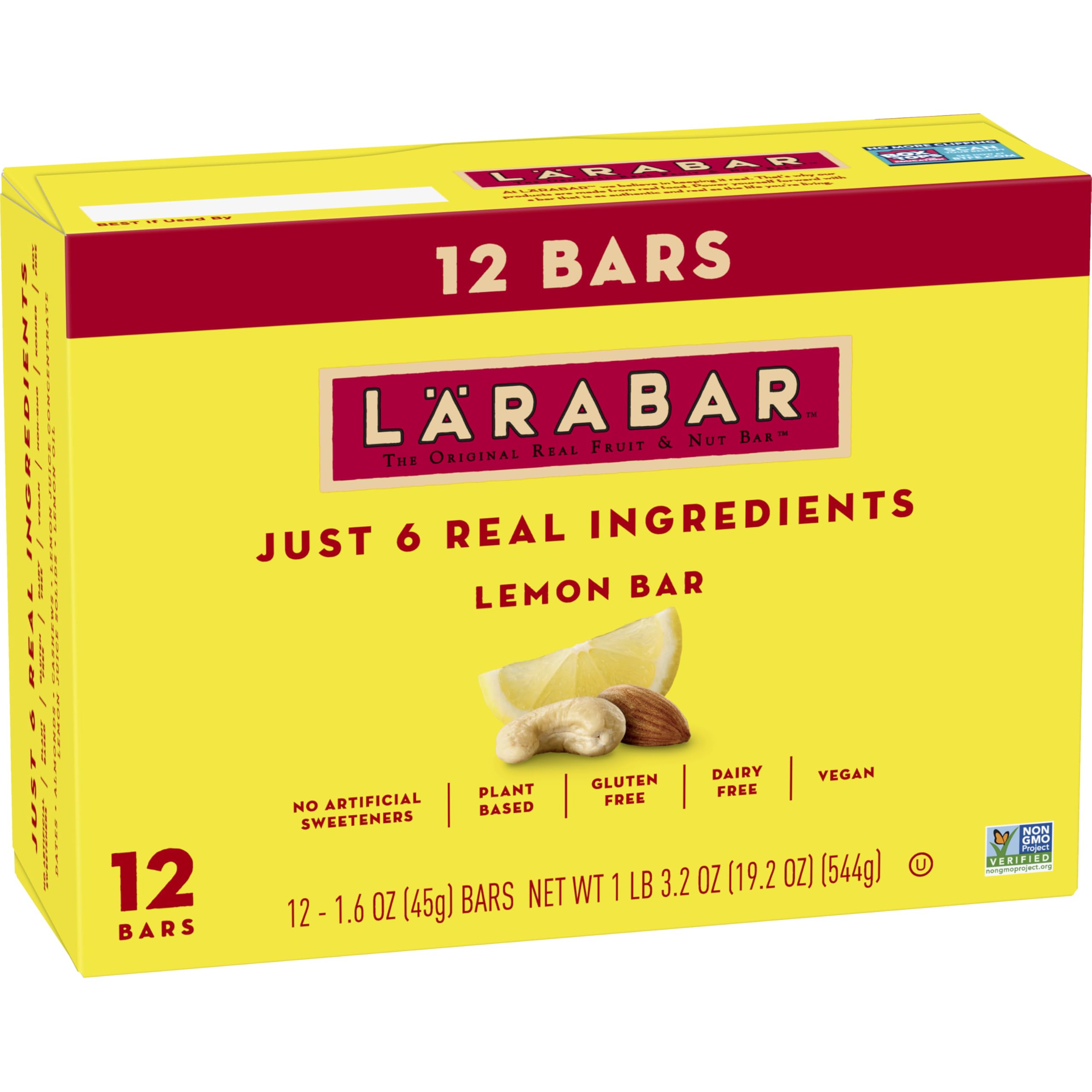LÄRABAR Lemon Bar box front highlighting simple, gluten-free vegan ingredients.
