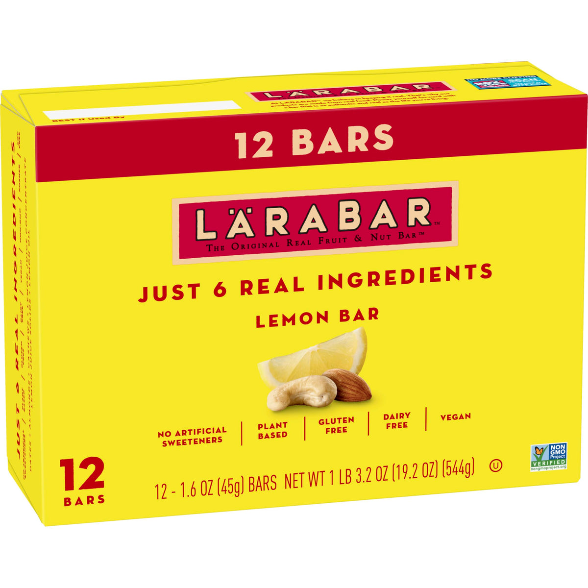LÄRABAR Lemon Bar box front highlighting simple, gluten-free vegan ingredients.
